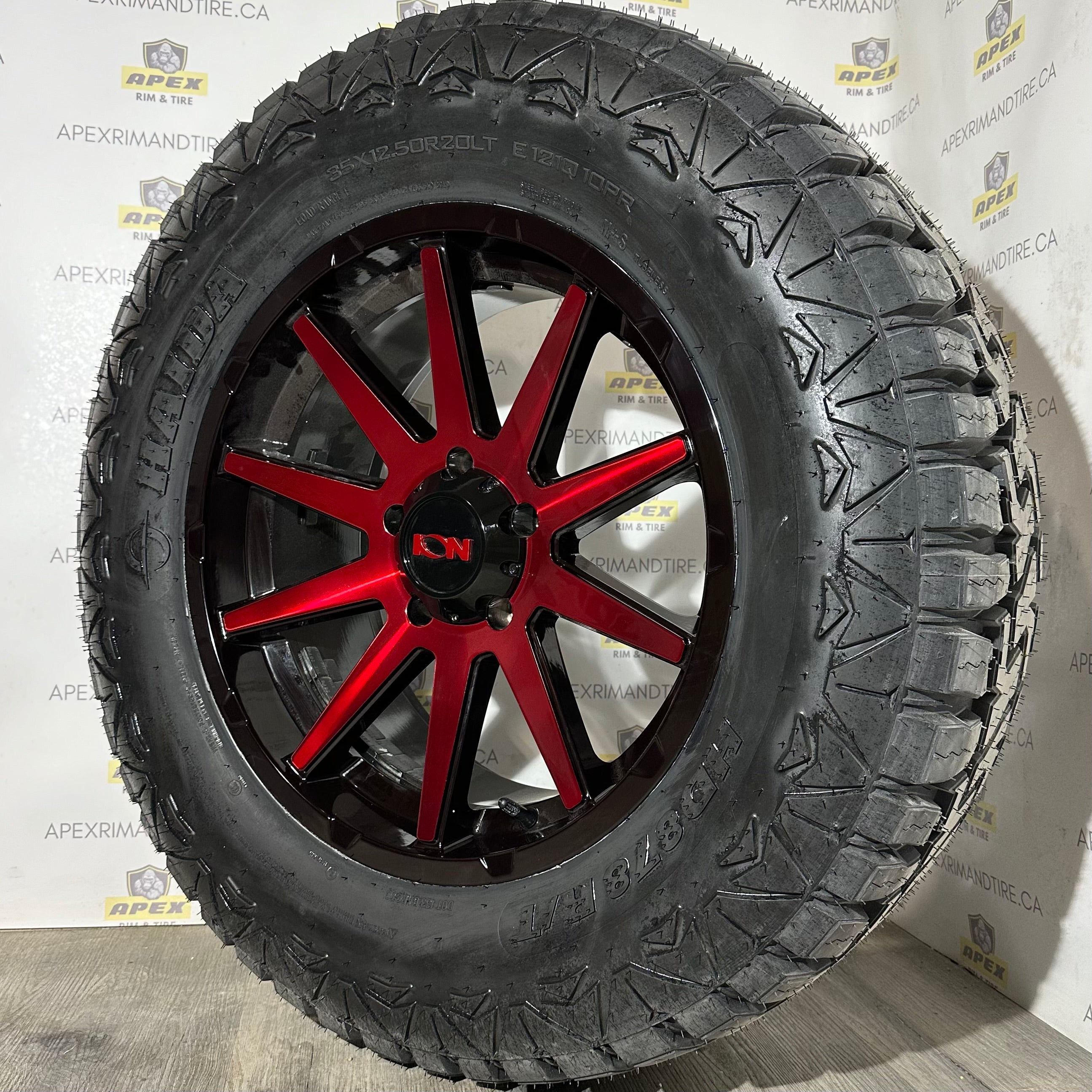 (SET OF FOUR) ION 143 GLOSS BLACK MILLED RED | 20X9 5x139.7 +18 (108MM)| HAIDA 878 35x12.50R20