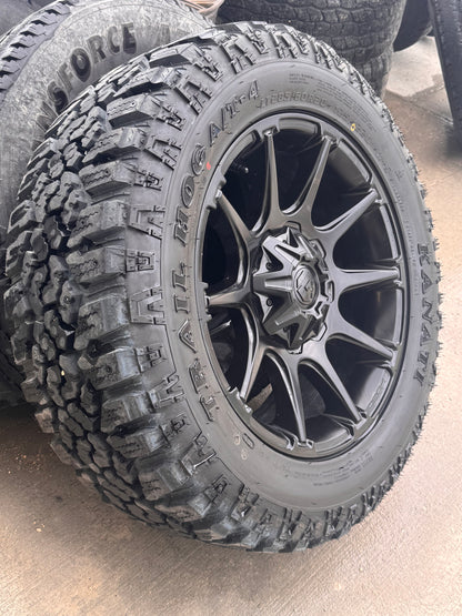 ( SET OF FOUR ) FUEL OFF-ROAD FC880 SUPER C MATTE BLACK 20X9 6X135/139.7 +1 106.1MM | LT 285/60R20 10PR KANATI TRAIL HOG AT/4 3PMS * NEW TAKE OFFS*