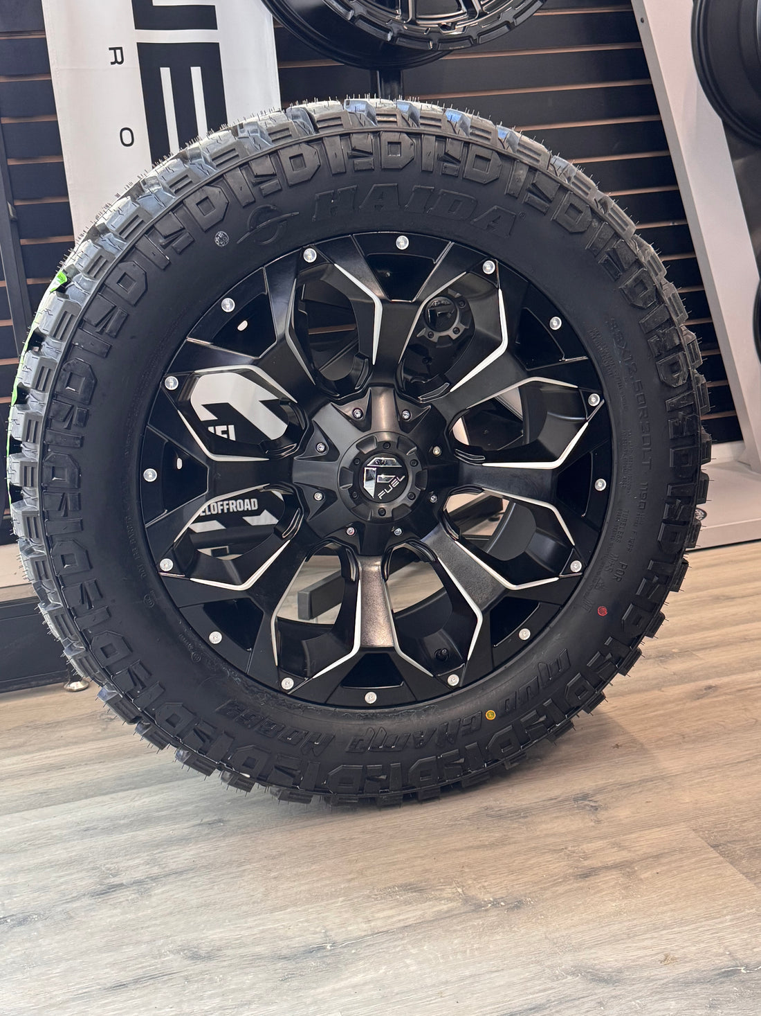 ( SET OF FOUR ) FUEL ASSAULT MATTE BLACK MILLED 20X9 +1 5X139.7/5X150 110.1 | 33X12.50R20 HAIDA 869 MUD CHAMP 3PMS