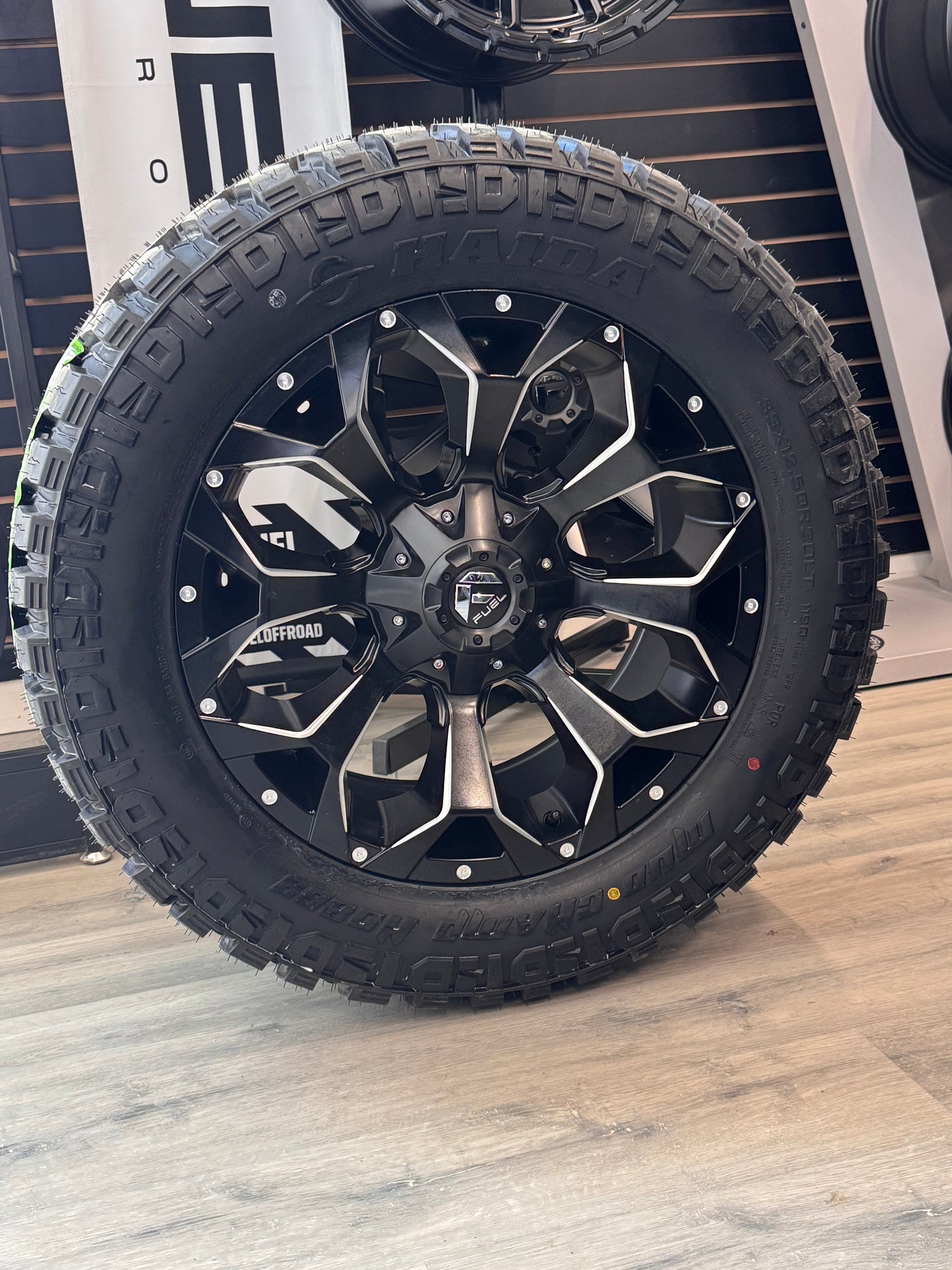 ( SET OF FOUR ) FUEL ASSAULT MATTE BLACK MILLED 20X9 +1 5X139.7/5X150 110.1 | 33X12.50R20 HAIDA 869 MUD CHAMP 3PMS