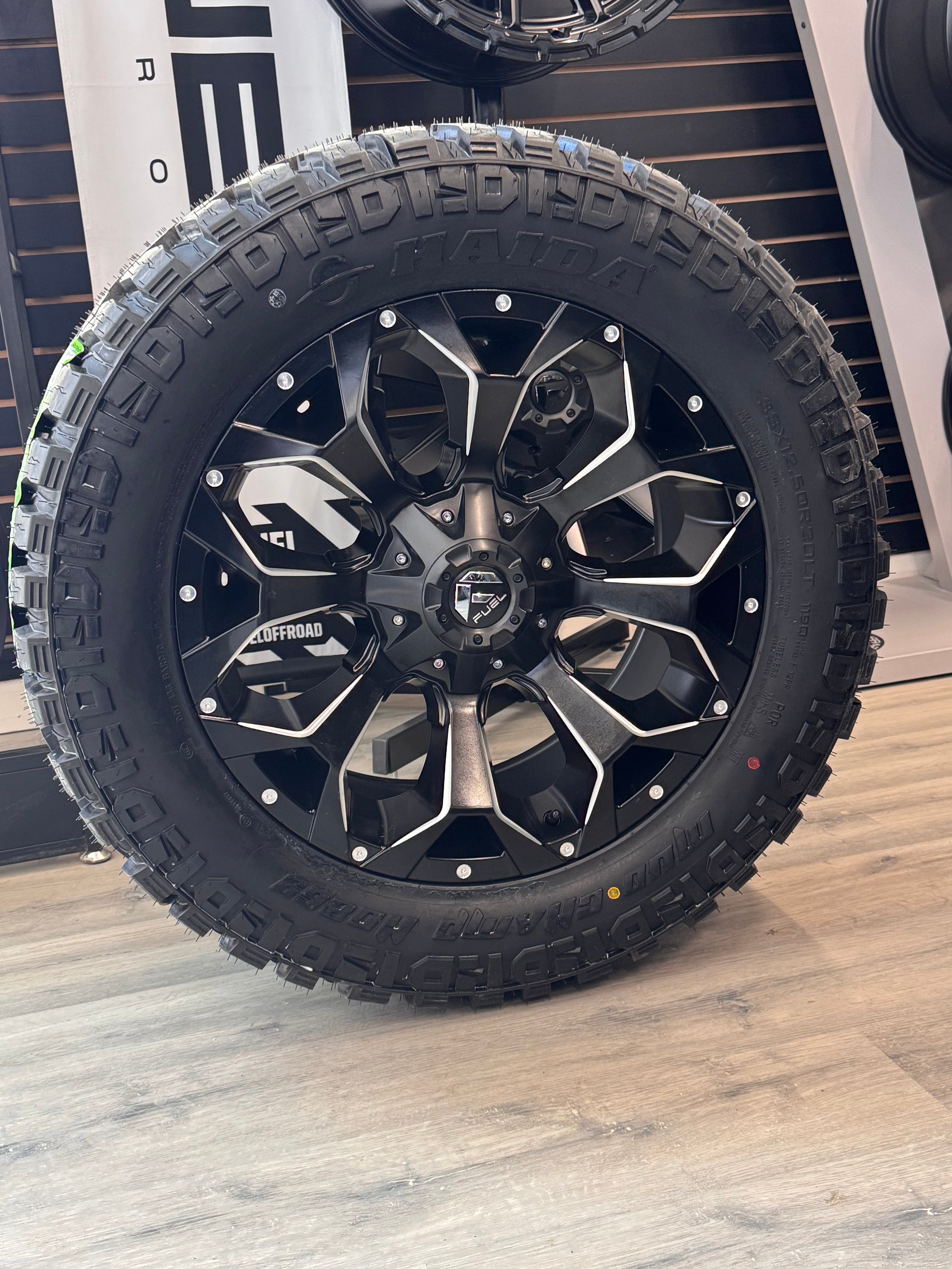 ( SET OF FOUR ) FUEL ASSAULT MATTE BLACK MILLED 20X9 +1 5X139.7/5X150 110.1 | 33X12.50R20 HAIDA 869 MUD CHAMP 3PMS