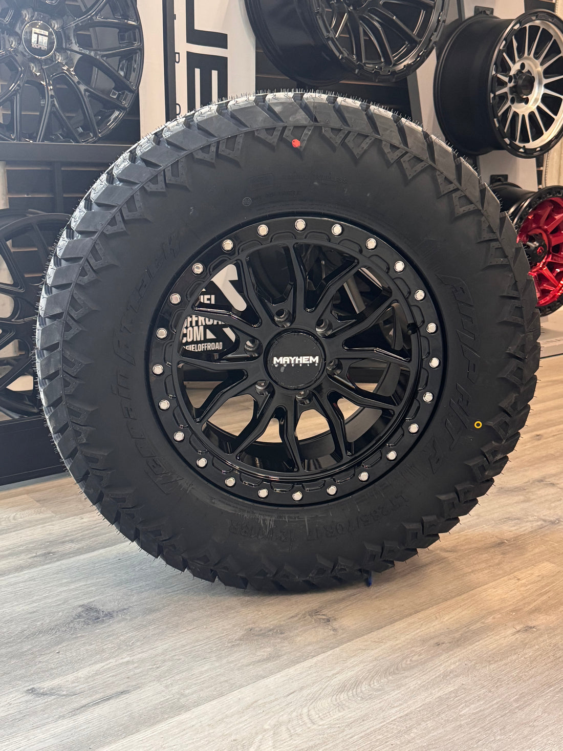 ( SET OF FOUR ) MAYHEM VECTOR 8310 GLOSS BLACK 17X9 6X139.7 18MM 106MM | LT 285/70R17 AMP TERRIAN ATTACK ATA