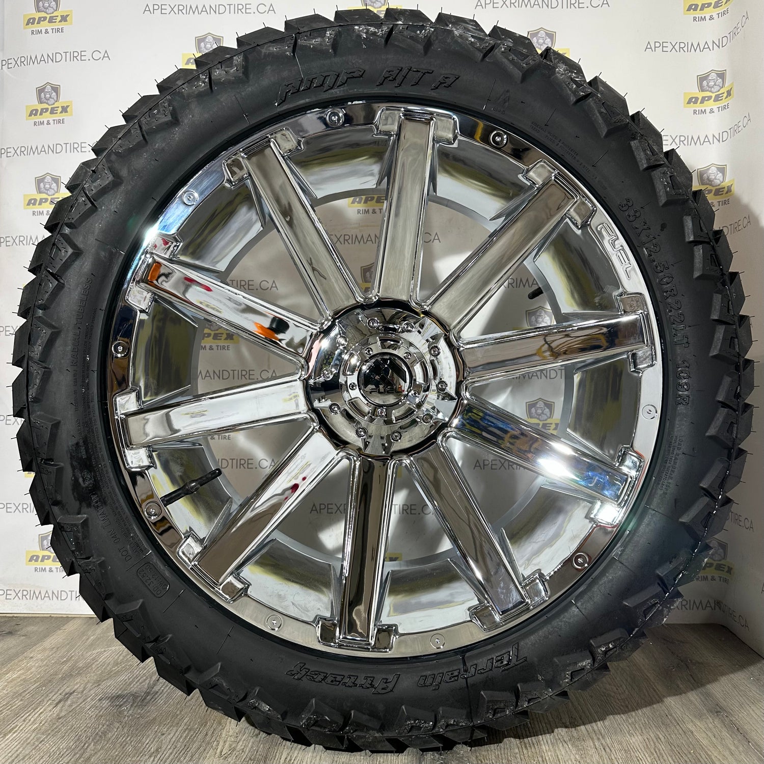 (SET OF FOUR) FUEL CONTRA CHROME | 22x10 6x135/ 6x139.7 +18 | AMP TERRAIN ATTACK 33x12.50R22