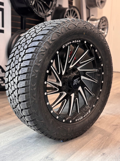 (SET OF FOUR) GT OFF-ROAD TOMAHAWK GLOSS BLACK MILLED 20X9 +12 6X135/6X139.7 | 275/55R20 HAIDA 829 AT 10PLY
