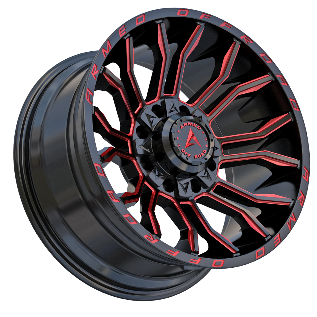 ARMED HAVOC 20X10 8X165/8X170 ET:-18 GLOSS BLACK MILLED W/ RED CB:125.1