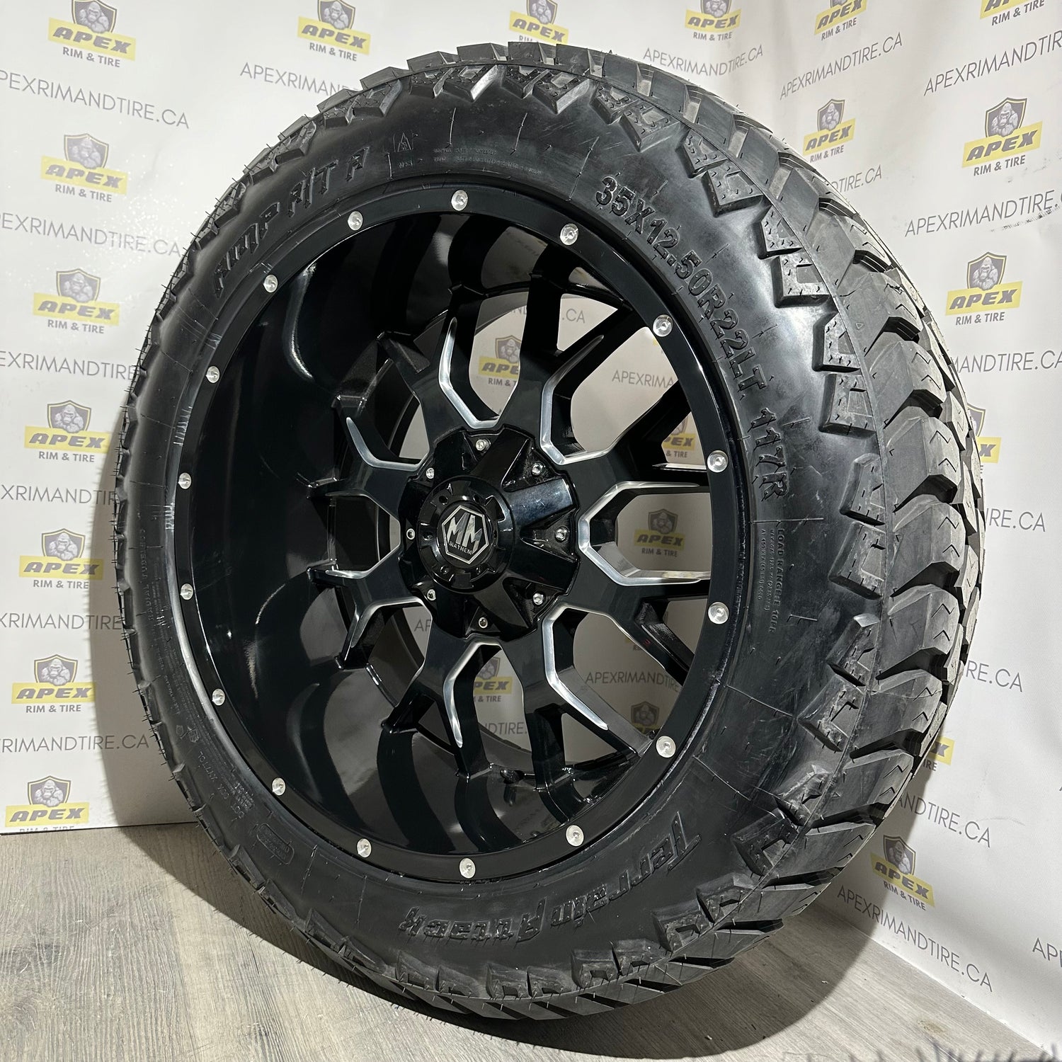 (SET OF FOUR) MAYHEM WARRIOR GLOSS BACK/ MILLED | 22x12 -44 8x165.1/8x170 | AMP TERRAIN ATTACK | 35x12.50R22