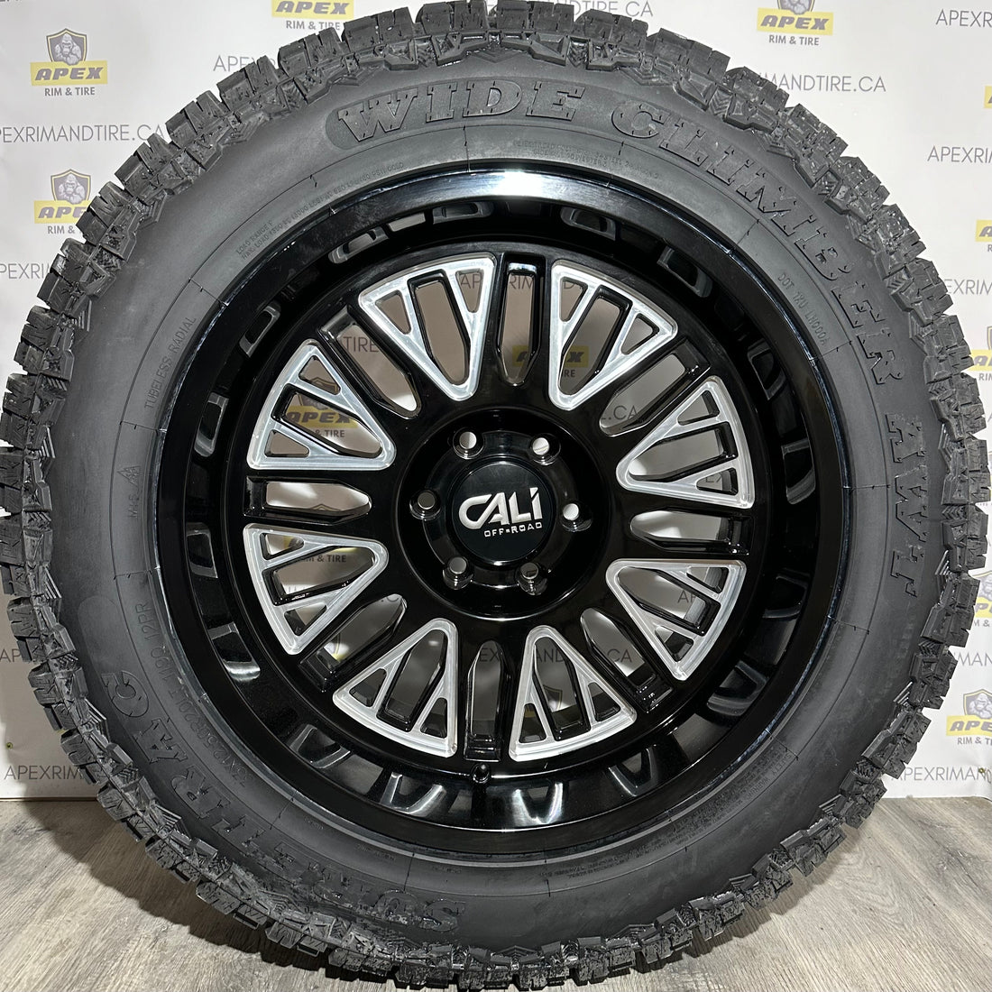 (SET OF FOUR) CALI VERTEX GLOSS BLACK MILLED SPOKES | 20x10 6x139.7 -25 | SURETRAC WIDE CLIMBERS 33x12.50R20