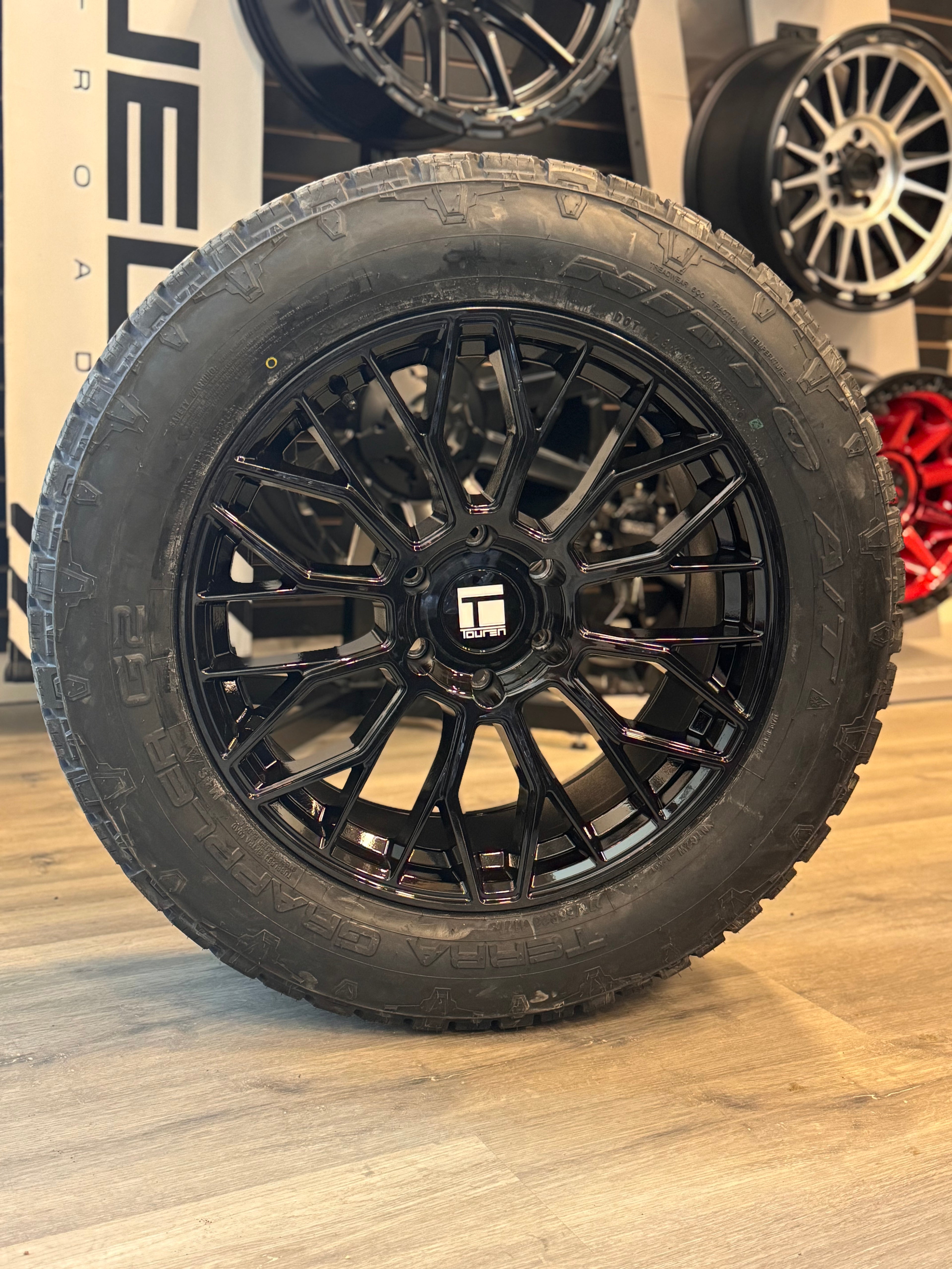 ( SET OF FOUR ) TOUREN TR08 3208 GLOSS BLACK 20X9 +20 6X139.7 106.1MM | 275/55R20 NITTO TERRA GRAPPLER G2 XL 3PMS
