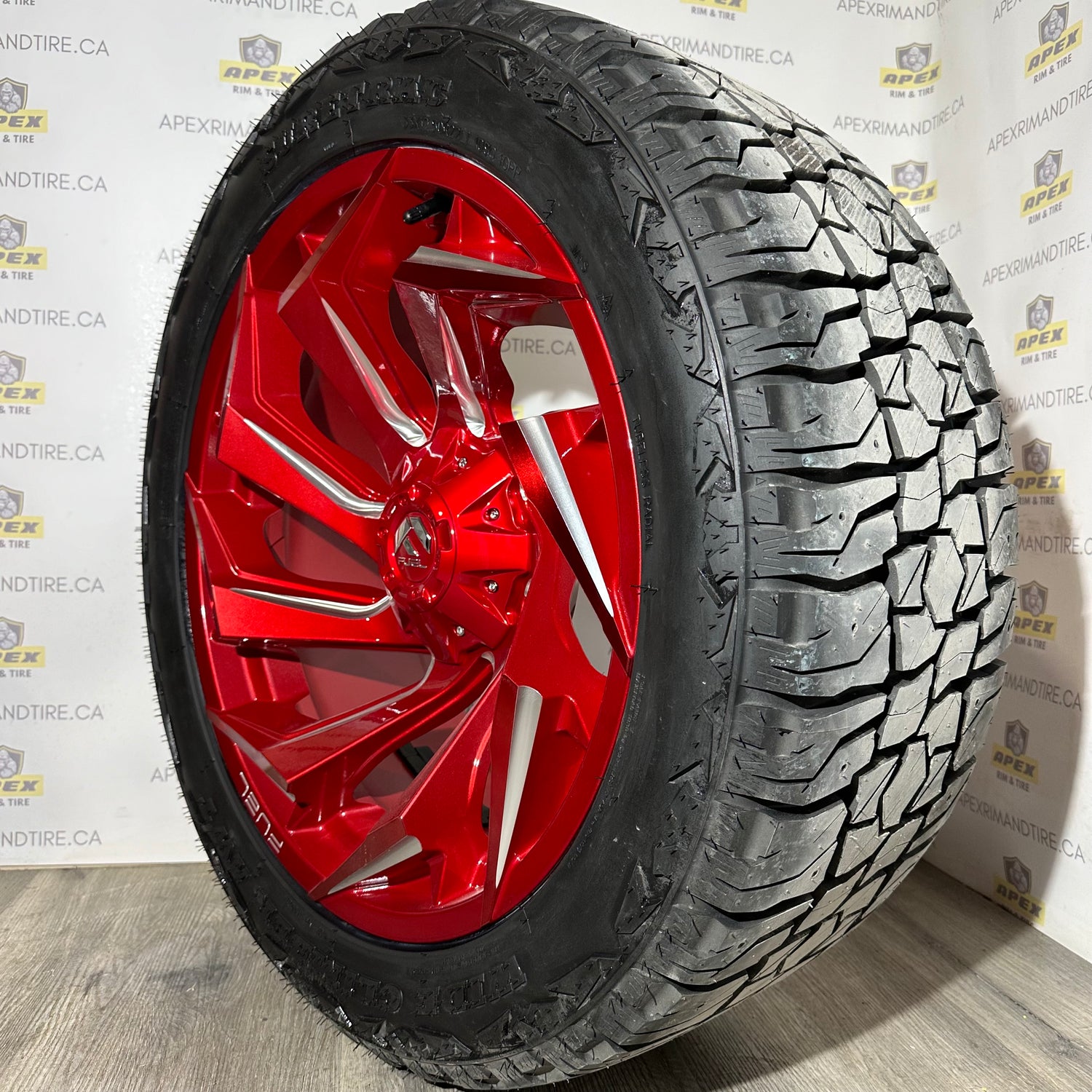 (SET OF FOUR) FUEL REACTION CANDY RED/ MILLED | 6X135/6x139.7  22x10 -18 | SURETRAC WIDE CLIMBERS 33x12.50R22