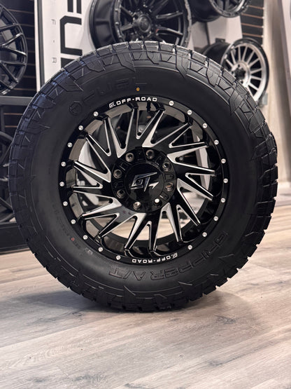 (SET OF FOUR) GT OFF-ROAD TOMAHAWK GLOSS BLACK MILLED 20X9 +12 8X165.1 / 8X180MM | 35X12.50R20 FUEL GRIPPER AT 10PLY