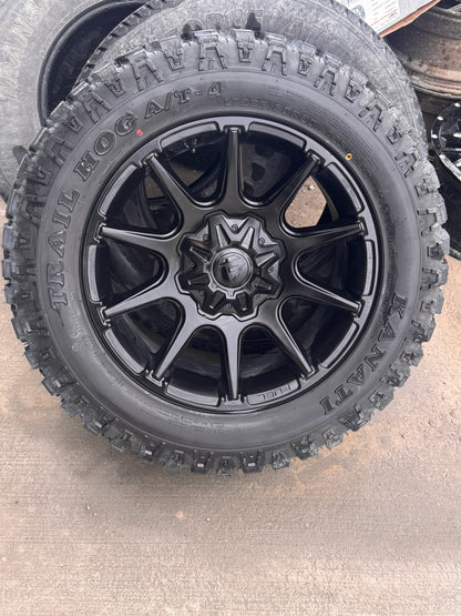 ( SET OF FOUR ) FUEL OFF-ROAD FC880 SUPER C MATTE BLACK 20X9 6X135/139.7 +1 106.1MM | LT 285/60R20 10PR KANATI TRAIL HOG AT/4 3PMS * NEW TAKE OFFS*