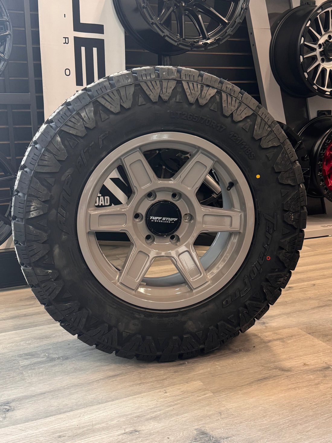 ( SET OF FOUR ) TUFFSTUFF ASCENT TS01 ALPHA GREY 17X8.5 +0 6X139.7MM | LT 265/70R17 AMP TERRAIN PRO