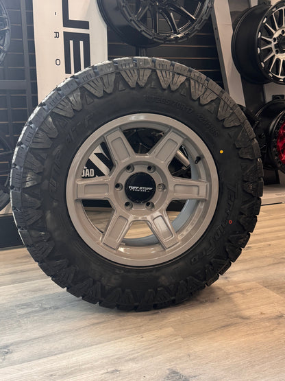 ( SET OF FOUR ) TUFFSTUFF ASCENT TS01 ALPHA GREY 17X8.5 +0 6X139.7MM | LT 265/70R17 AMP TERRAIN PRO