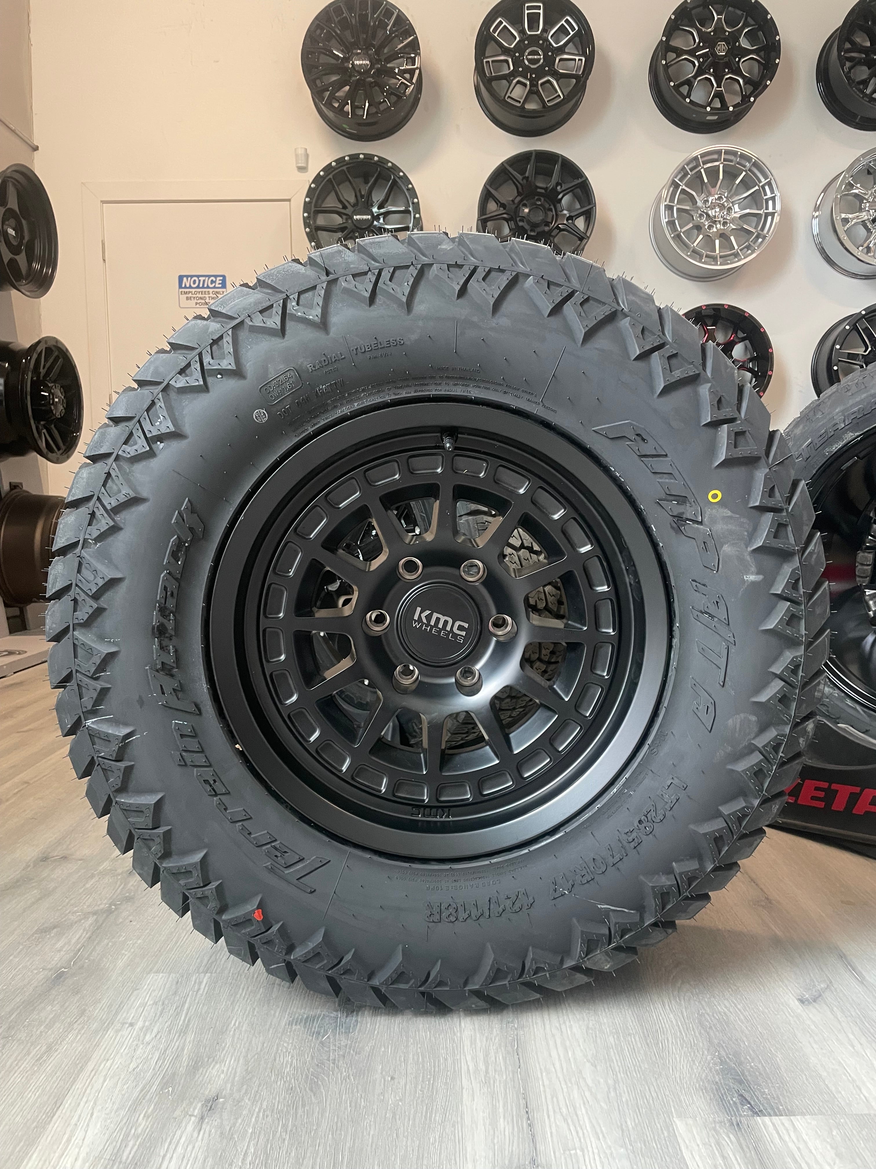 ( SET OF FOUR ) KMC KM719 17X8.5 0 6X139.7 SATIN BLACK | 285/70R17 AMP TERRAIN ATTACK AT