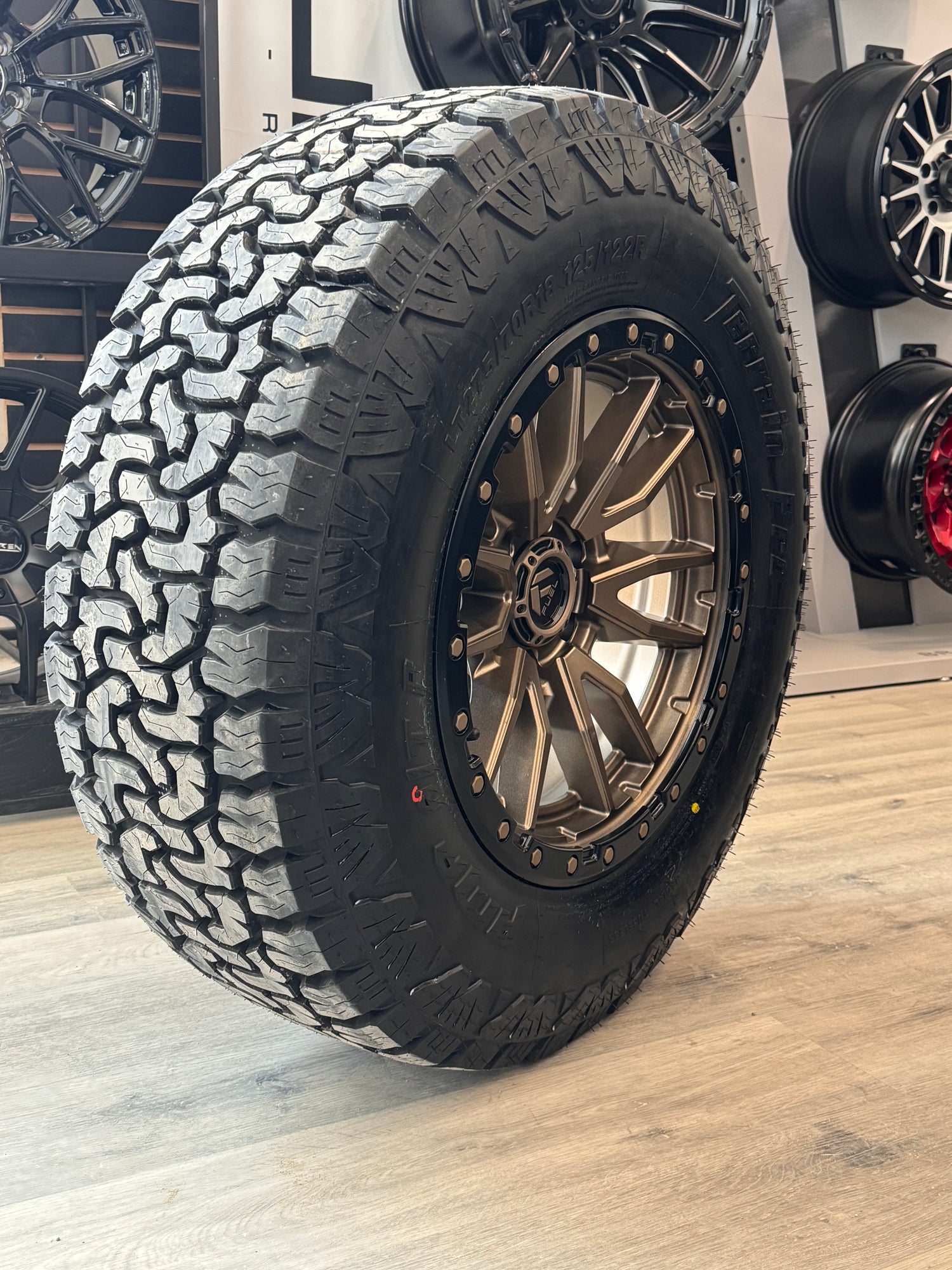 ( SET OF FOUR ) FUEL REBEL 18X9 +1 6X135 87.1 MATTE BRONZE BLACK BEAD RING | LT 275/70R18 AMP TERRAIN PRO