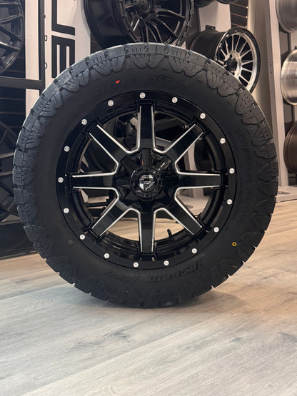 ( SET OF FOUR ) FUEL MAVERICK 20X9 +1 6X135/6X139.7 106.1 GLOSS BLK MILL | LT 275/60R20 AMP TERRAIN PRO