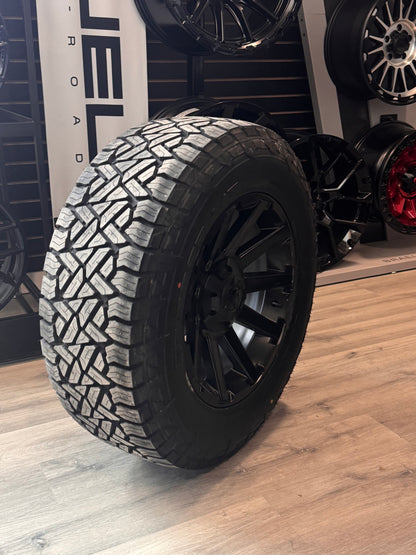 ( SET OF FOUR ) FUEL CONTRA SATIN BLACK 18X9 +1 6X135/6X139.7 | 275/65R18 FUEL GRIPPER AT