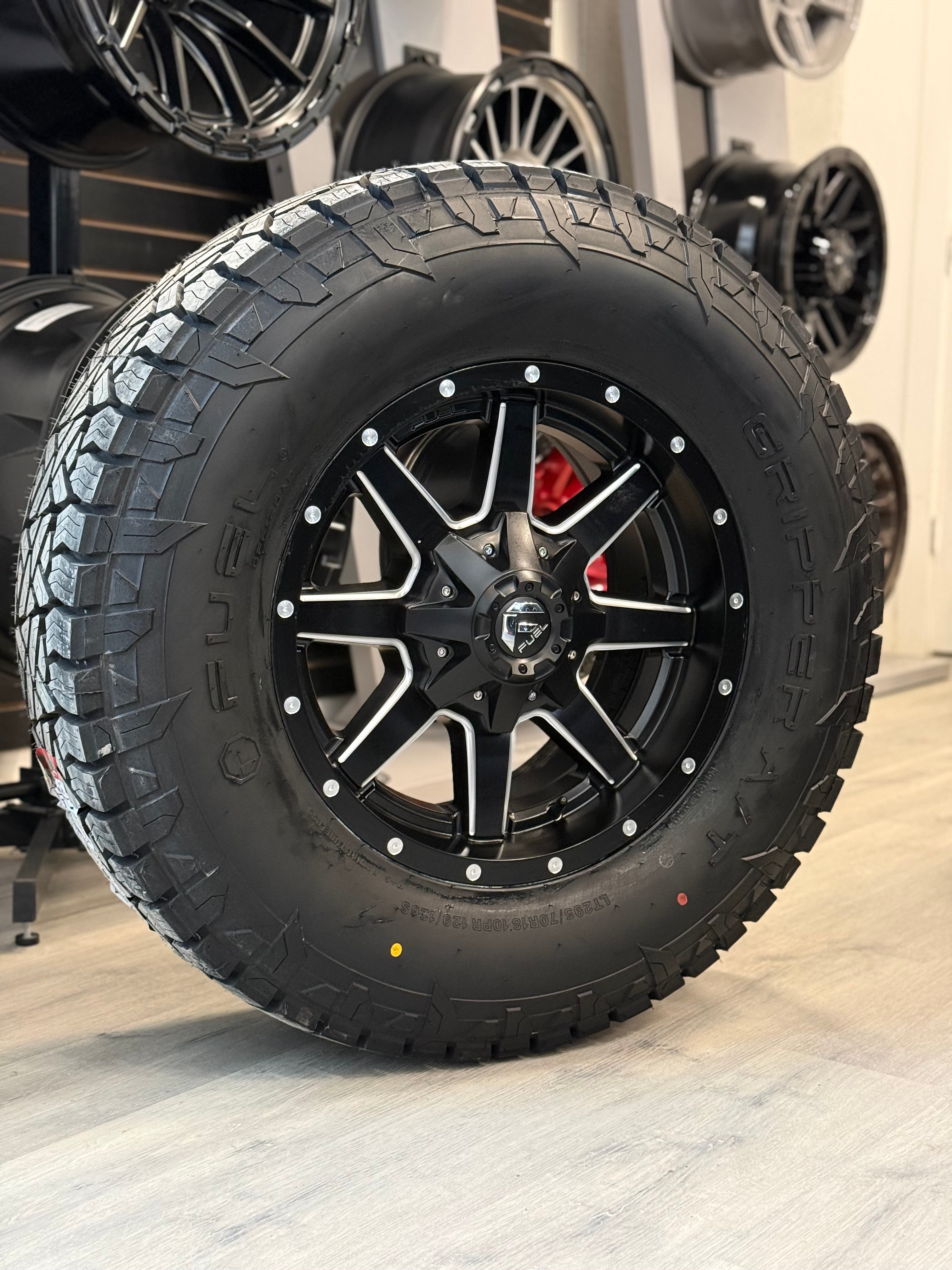 ( SET OF FOUR ) FUEL MAVERICK 18X9 +20 8X170 125.2 MATTE BLK MILL | FUEL GRIPPER A/T LT 295/70R18