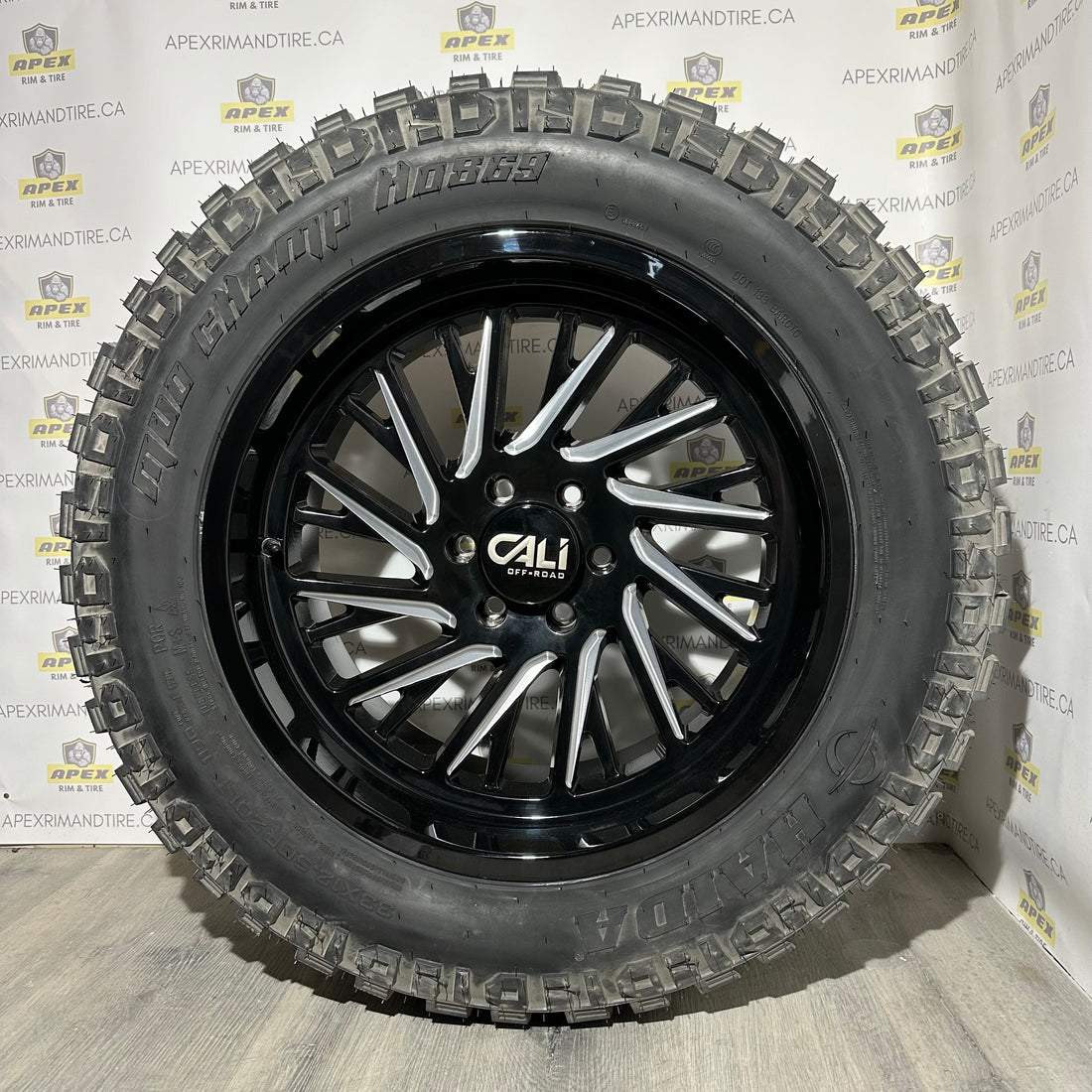 (SET OF FOUR) CALI OFF-ROAD PURGE GLOSS BLACK / MILLED SPOKES | 20X10 -25 ET 6x135 | HD HAIDA HD869 MUD CHAMP 33X12.50R20