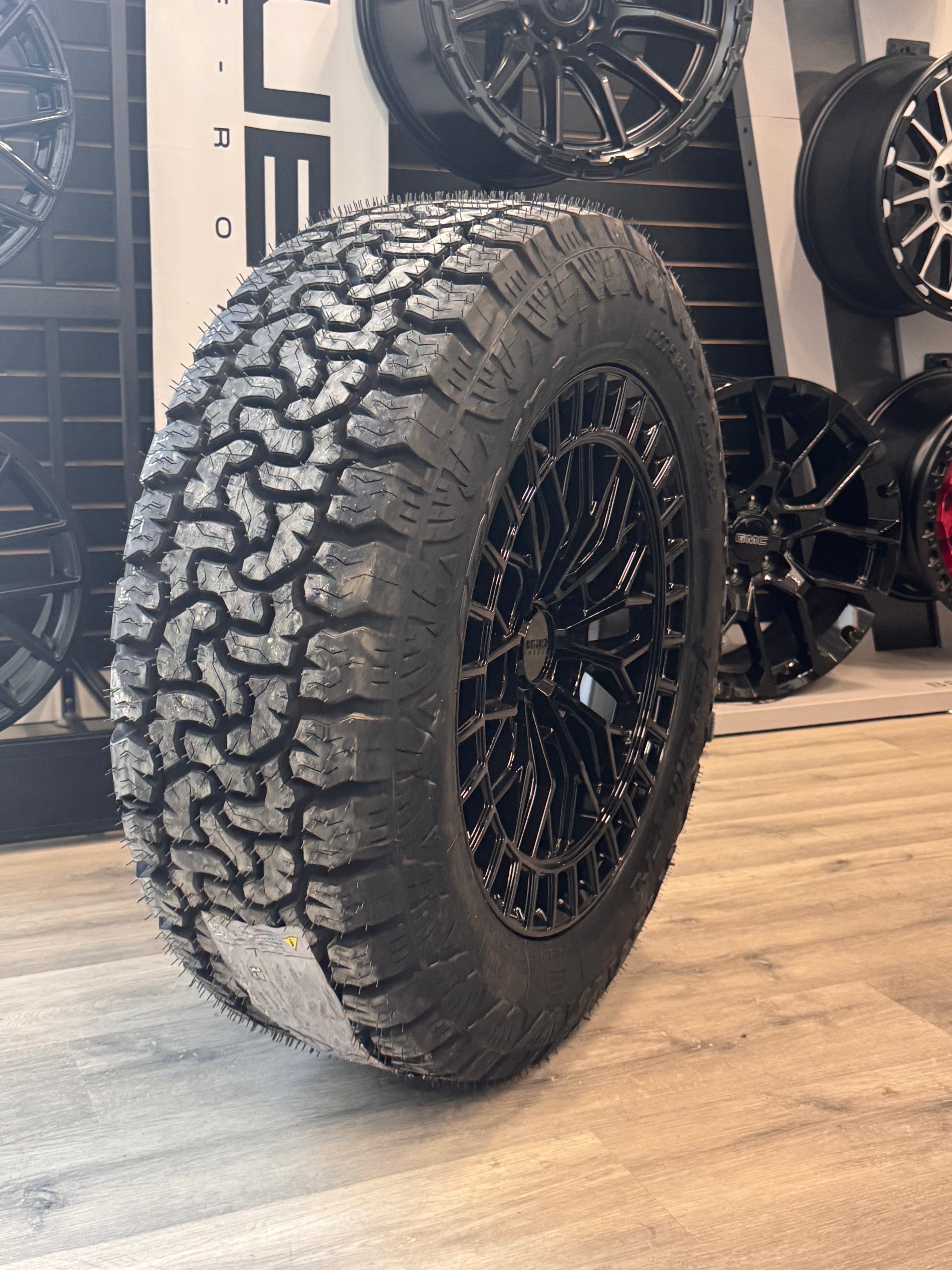 ( SET OF FOUR ) MAYHEM HORIZON 8120 GLOSS BLACK 20X9 6X139.7 18MM 106MM | LT 275/60R20 AMP TERRAIN PRO