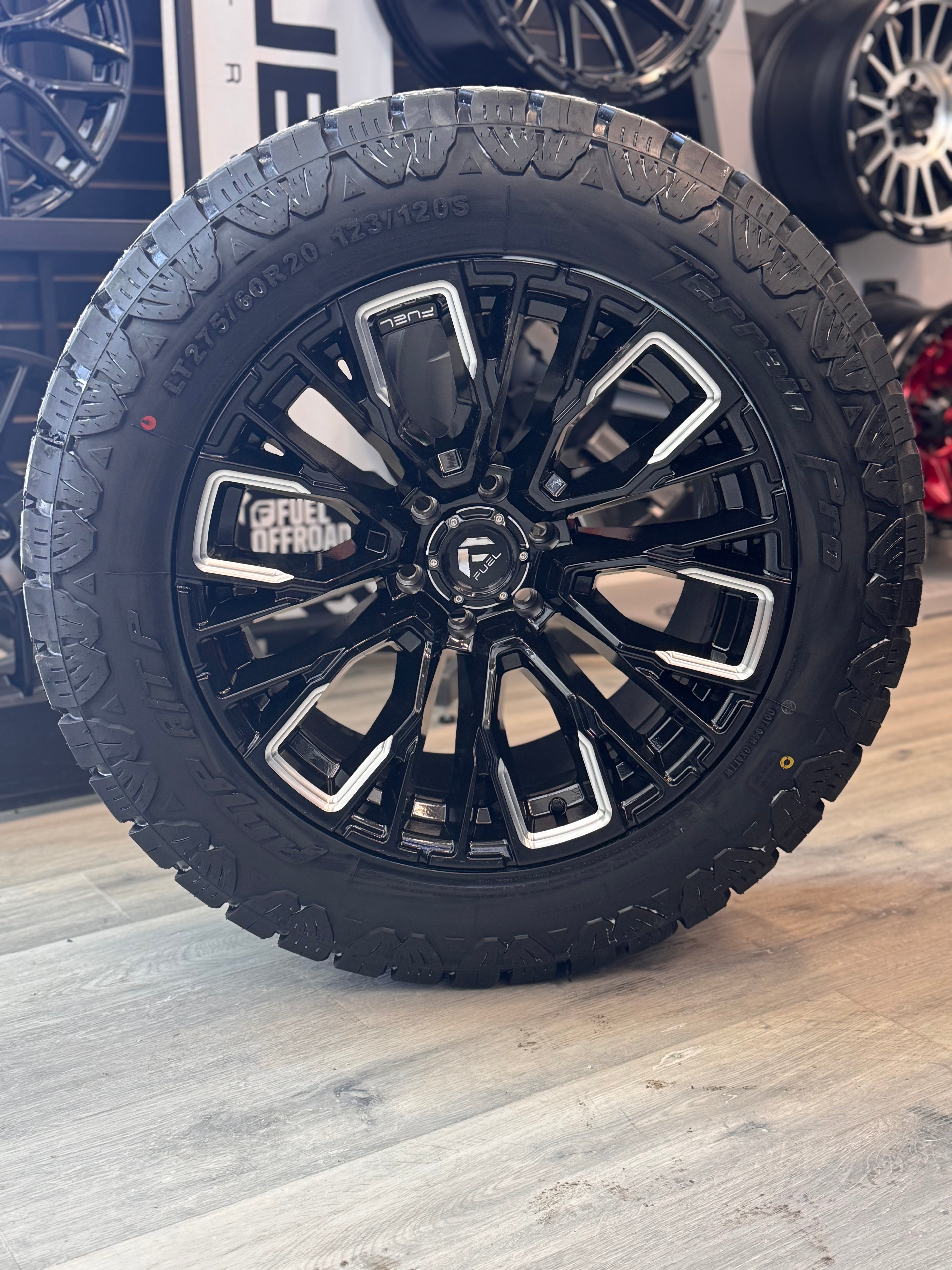 (SET OF FOUR) FUEL REBAR GLOSS BLK MILLED 20X10 6X135 -18MM | LT 275/60R20 AMP TERRIAN PRO