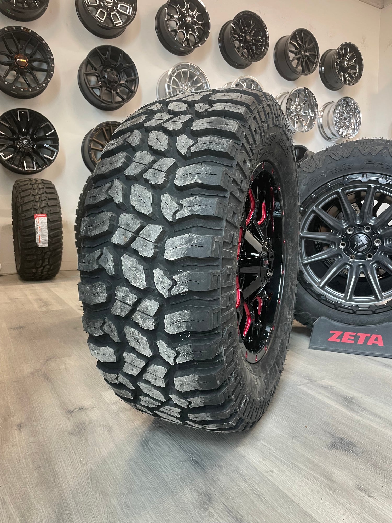 ( SET OF FOUR ) MAYHEM WARRIOR 8015 GLOSS BLACK MILLED PRISM RED 18X9 6X135/6X139.7 18MM 106MM | 33X12.50R18 HAIDA 869 3PMS