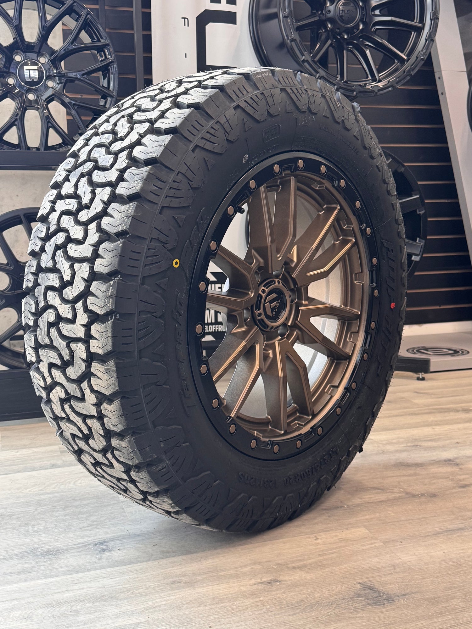 ( SET OF FOUR ) FUEL REBEL 20X9 +20 6X135 87.1 MATTE BRONZE BLACK BEAD RING | 275/60R20 AMP TERRIAN PRO