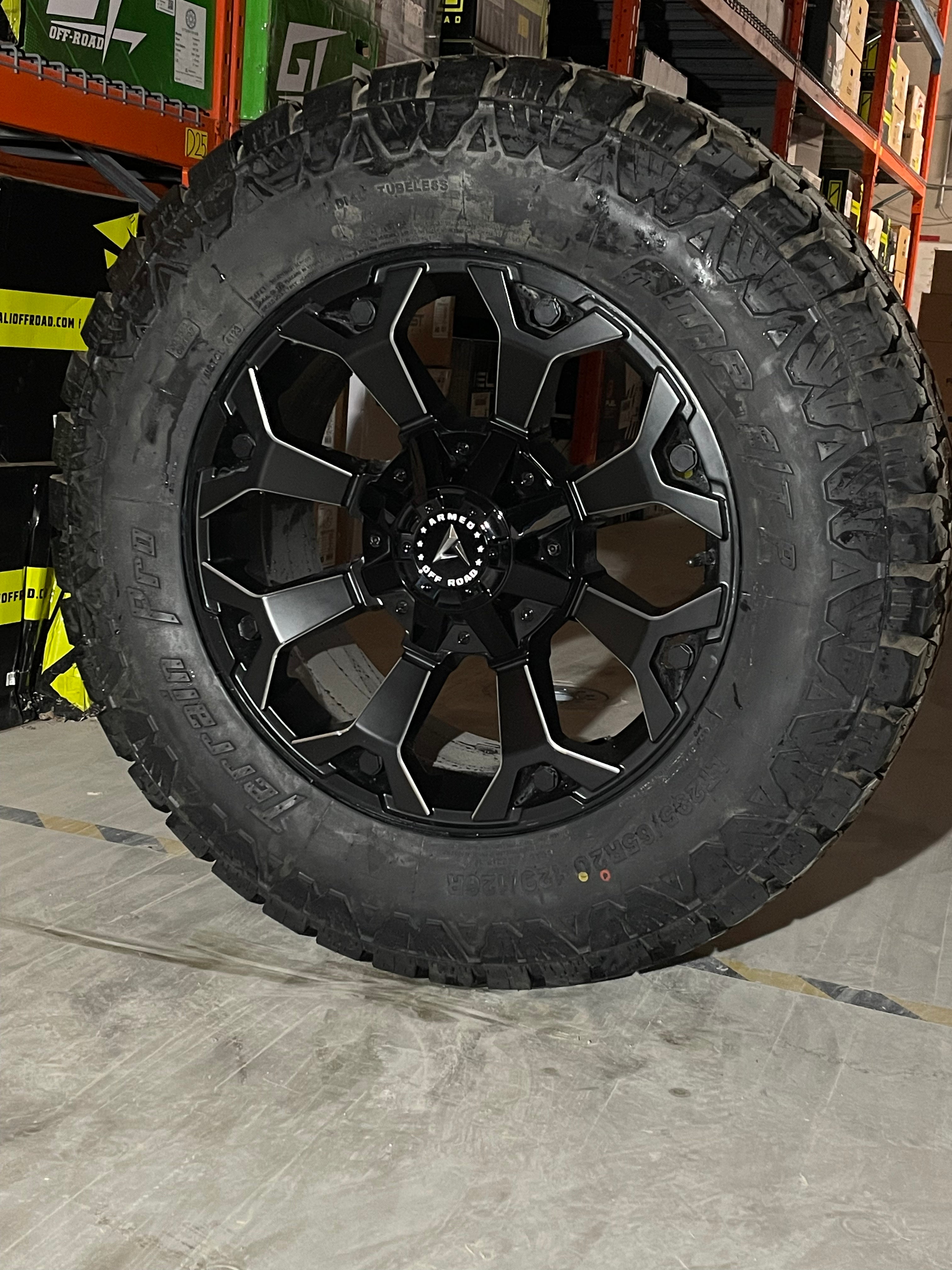 (SET OF FOUR) Armed Attack GB/MIL 20x9 +12 8x165/170 | AMP Terrain Pro 295/65R20