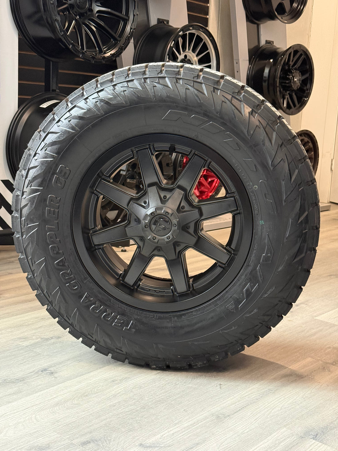 (SET OF FOUR) FUEL MAVERICK 18X9 +20 8X180 124.3MM SATIN BLK | LT 295/70R18 NITTO TERRA GRAPPLER G3