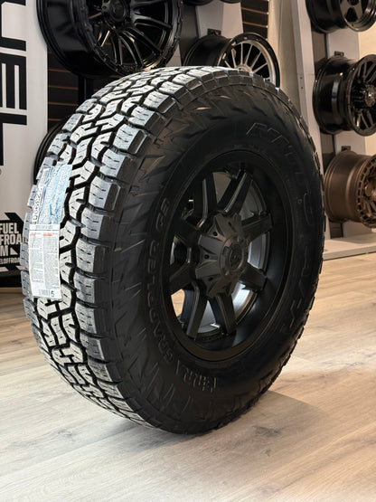 (SET OF FOUR) FUEL MAVERICK 18X9 +20 8X180 124.3MM SATIN BLK | LT 295/70R18 NITTO TERRA GRAPPLER G3