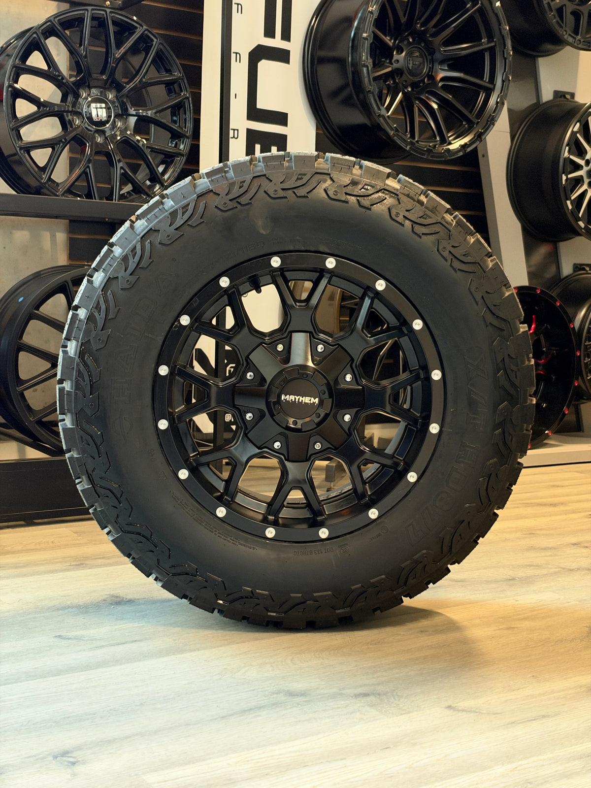 (SET OF FOUR) MAYHEM WARRIOR 8015 MATTE BLACK 17X9 6X135/6X139.7 -12MM 106MM | LT 265/70R17 HAIDA 877 3PMS