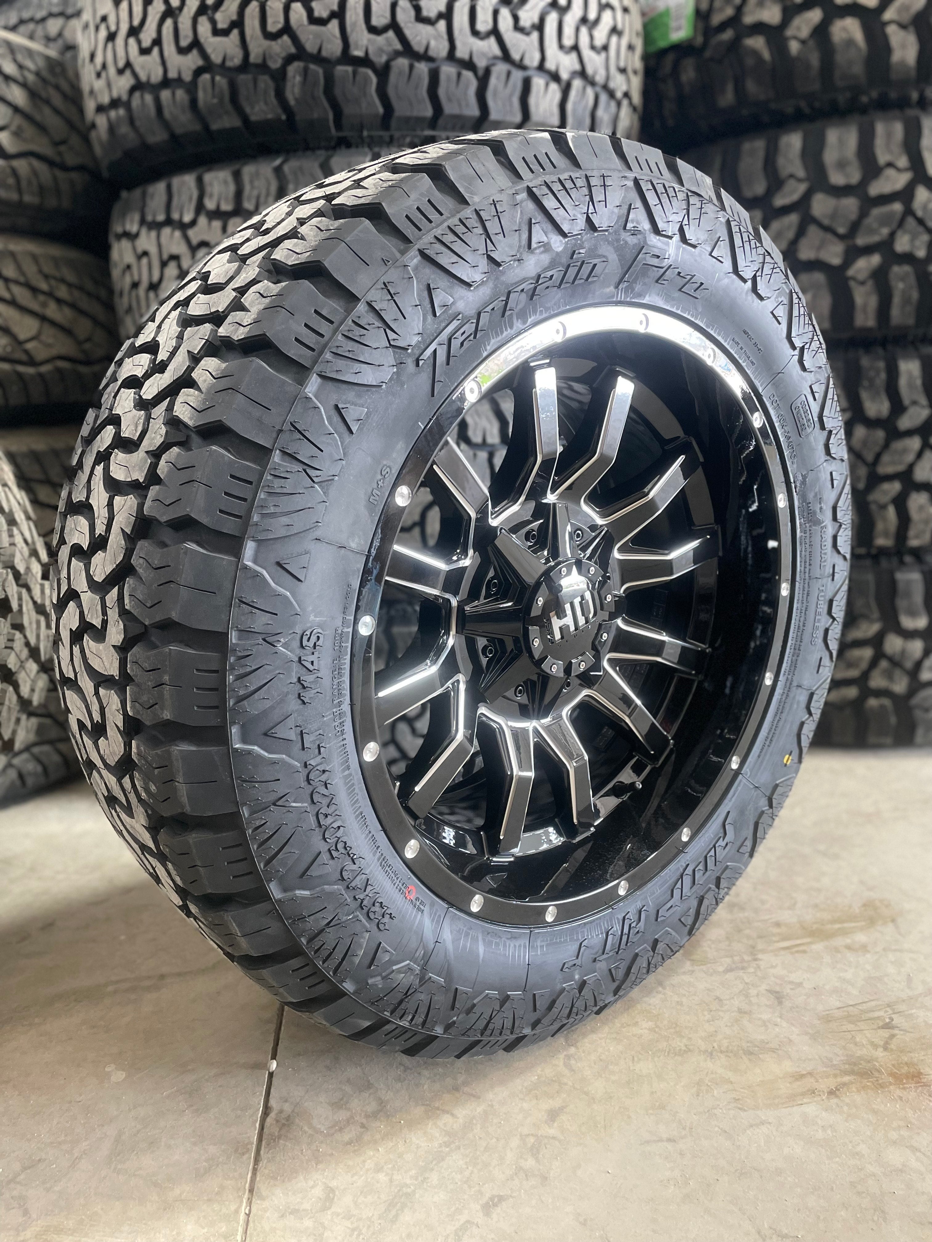 (SET OF FOUR) Fast Traxx 20x10 6x135/6x139.7 -18 Gloss BLK Milled | 33x12.50r20 Amp Terrain Pro