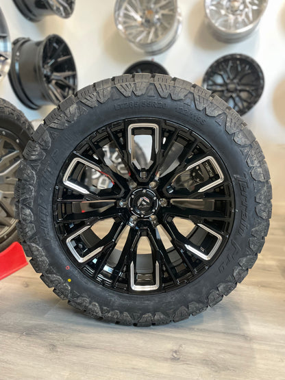 (SET OF FOUR) Fuel Rebar 20x10 6x135 -18 Gloss BLK Milled | 285/55r20 Amp Terrain Pro ( F150 )