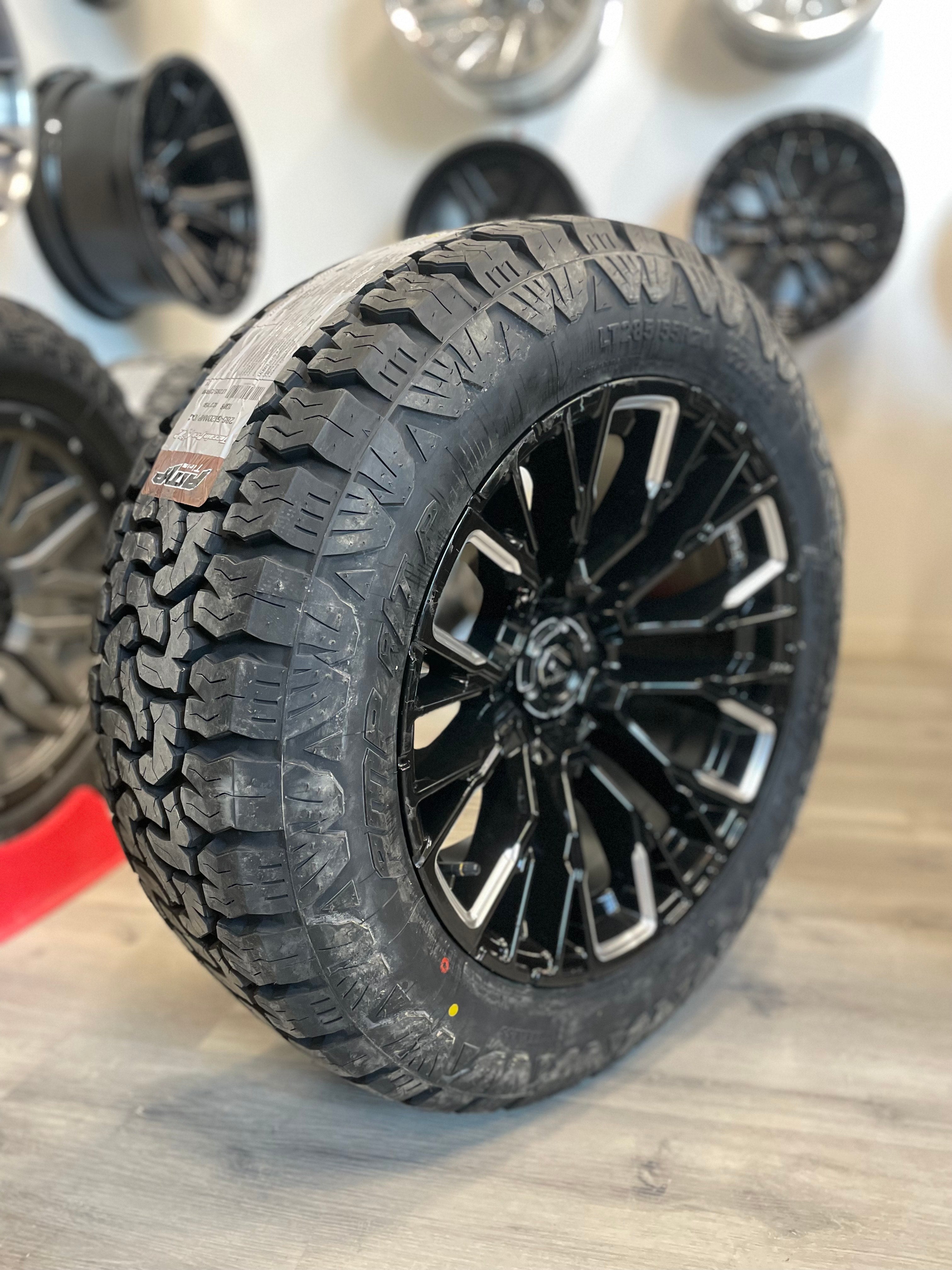 (SET OF FOUR) Fuel Rebar 20x10 6x135 -18 Gloss BLK Milled | 285/55r20 Amp Terrain Pro ( F150 )