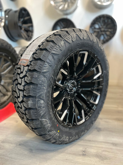 (SET OF FOUR) Fuel Rebar 20x10 6x135 -18 Gloss BLK Milled | 285/55r20 Amp Terrain Pro ( F150 )