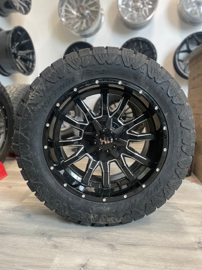 (SET OF FOUR) Fast Traxx 20x10 8x165.1 -15 Gloss BLK Milled | 33x12.50r20 Amp Terrain Pro ( Ram 2500, GM 2500 )