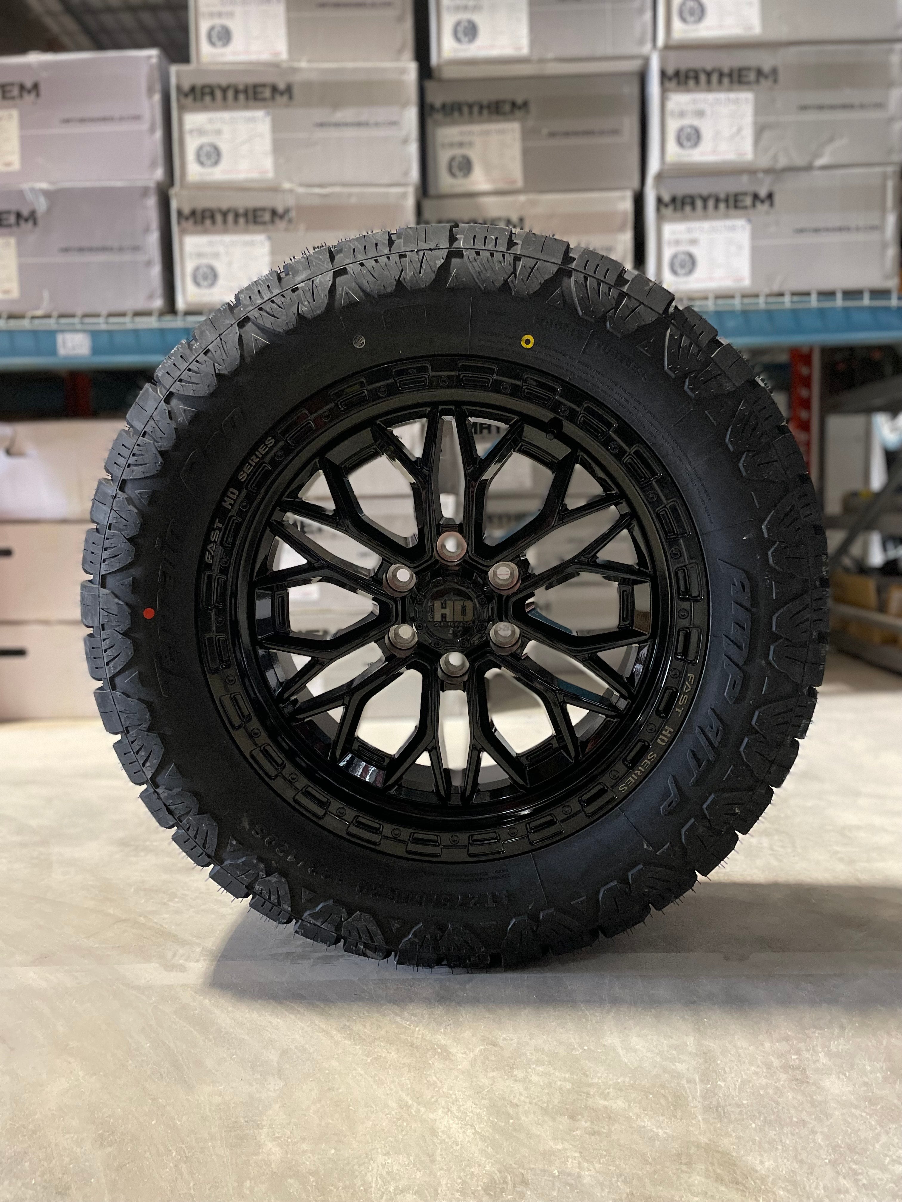 (SET OF FOUR) Fast HD Muramasa 20x9 6x139.7 +0 Gloss BLK | 275/60r20 Amp Terrain Pro ( Ram, Silverado, Sierra, Tacoma )