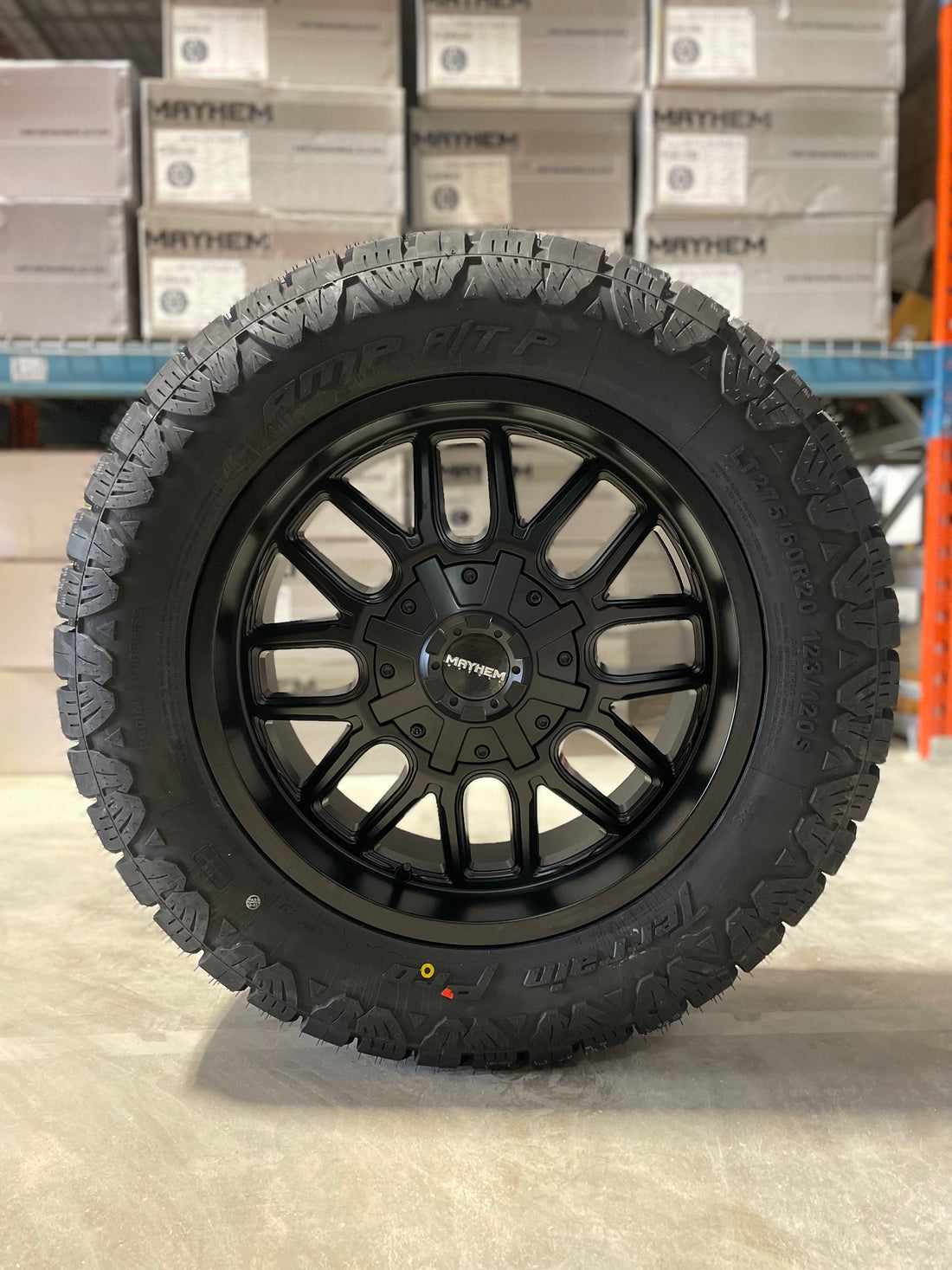 (SET OF FOUR) Mayhem Cogent 20x9 6x135/6x139.7 +13 Matte BLK | 275/60r20 Amp Terrain Pro ( F150, Sierra, Silverado, Ram, Tacoma )