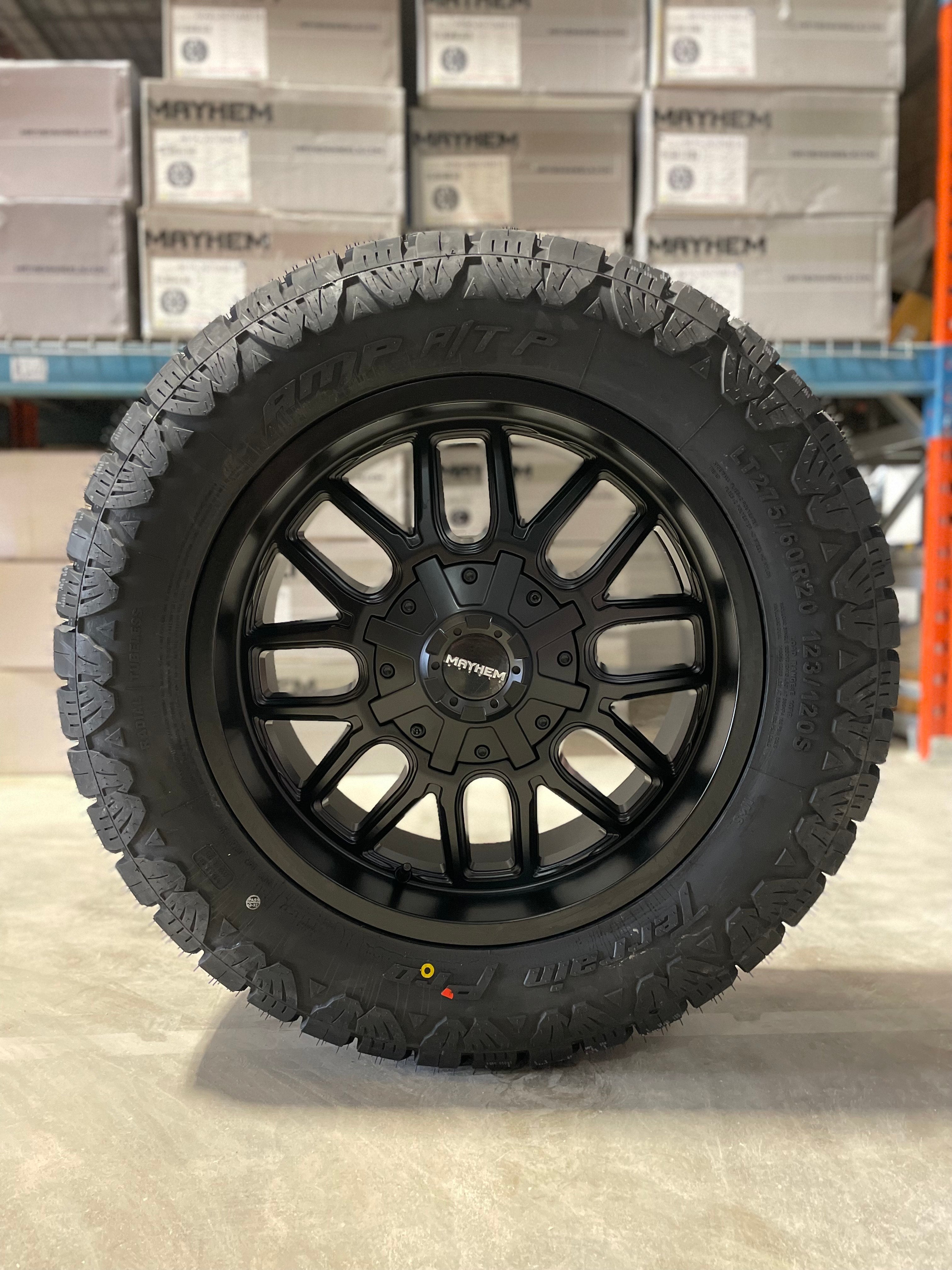 (SET OF FOUR) Mayhem Cogent 20x9 6x135/6x139.7 +13 Matte BLK | 275/60r20 Amp Terrain Pro ( F150, Sierra, Silverado, Ram, Tacoma )