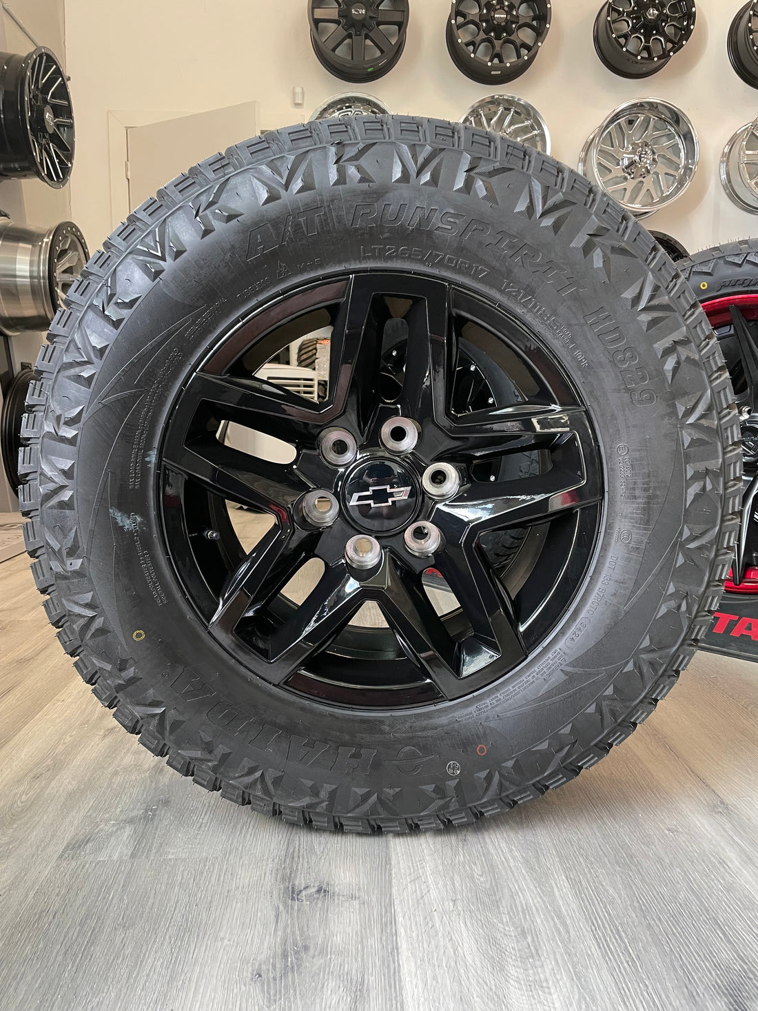 (SET OF FOUR) CHEVY TRAILBOSS OEM Reps 17x8 6x139.7 +24 Gloss BLK | 265/70r17 Haida 829 3PMS ( Sierra, Silverado, Ram )