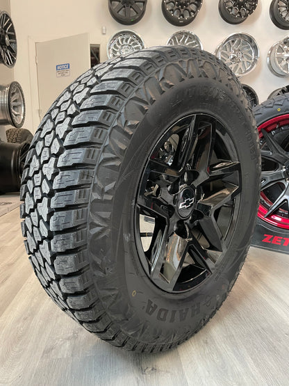(SET OF FOUR) CHEVY TRAILBOSS OEM Reps 17x8 6x139.7 +24 Gloss BLK | 265/70r17 Haida 829 3PMS ( Sierra, Silverado, Ram )