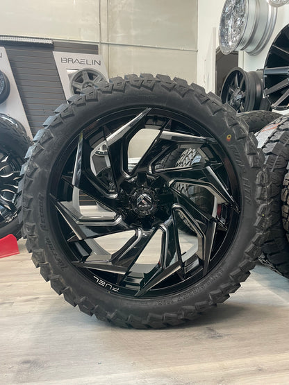 (SET OF FOUR) Fuel Reaction 22x10 5x139.7/5x150 -18 Gloss BLK Milled | LT33x12.50r22 Amp Attack AT