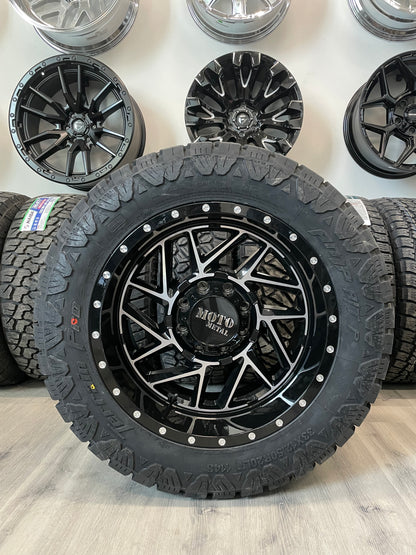 (SET OF FOUR) Moto Metal Breakout 20x10 8x165.1 -18 Gloss BLK Machined | LT33x12.50r20 Amp Terrain Pro