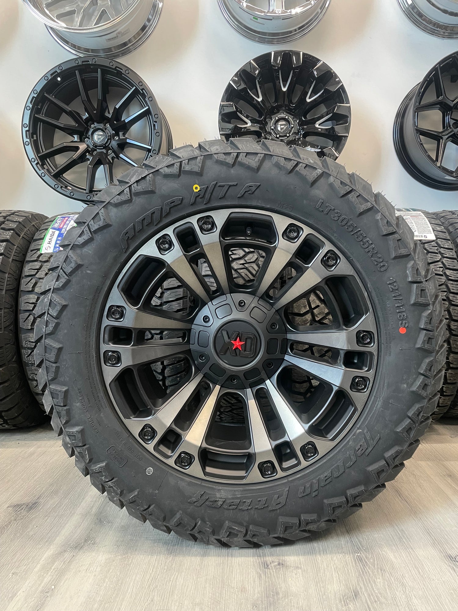 (SET OF FOUR) XD851 MONSTER 20x10 6x135/6x139.7 -18 Matte BLK/Grey Tint | LT305/55r20 Amp Attack AT ( Won’t fit 2019 + GM )