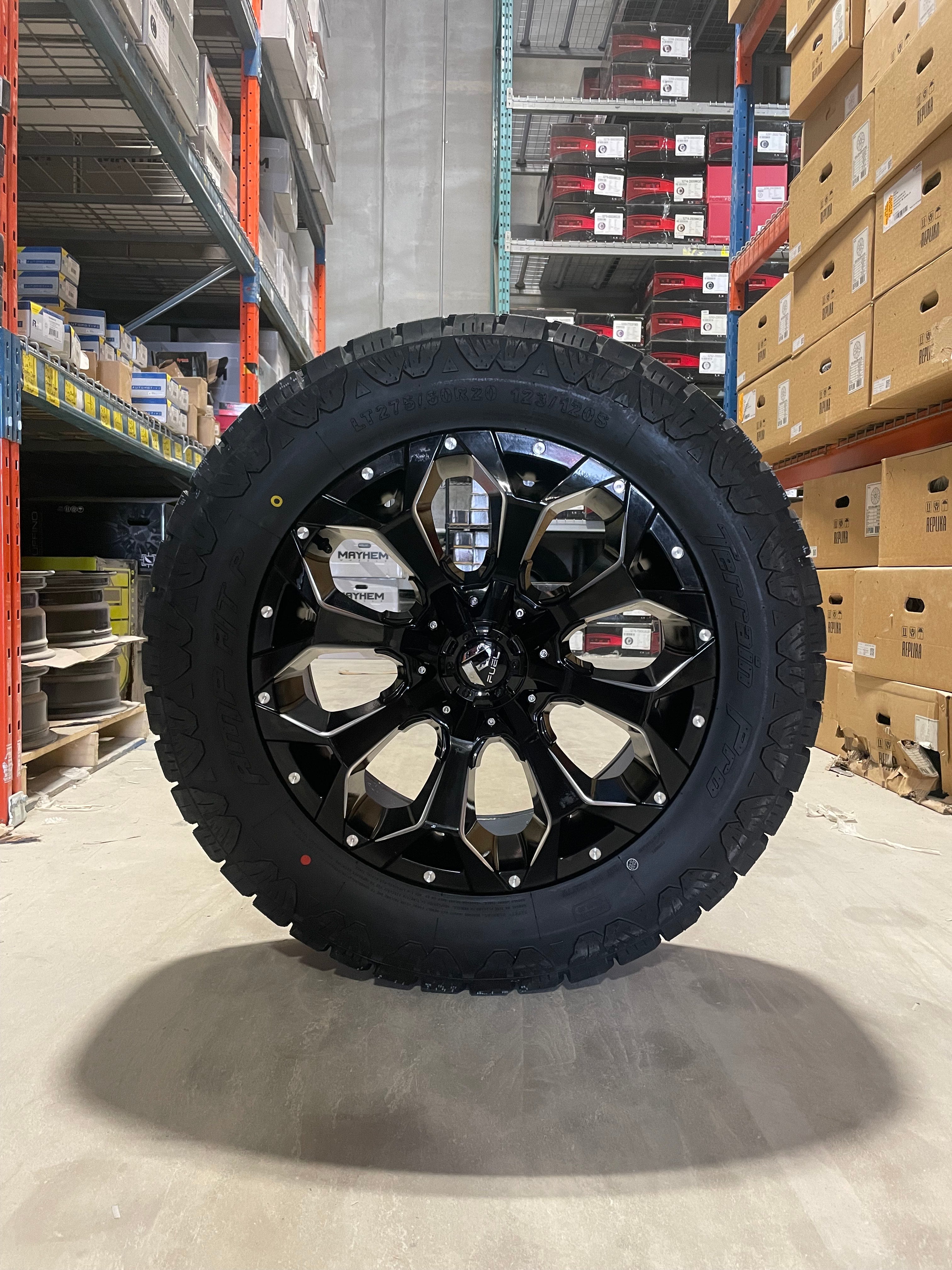 (SET OF FOUR) Fuel Assault 20x9 5X150/5X139.7 +1 BLK/MIL | 275/60R20 Amp Terrain Pro