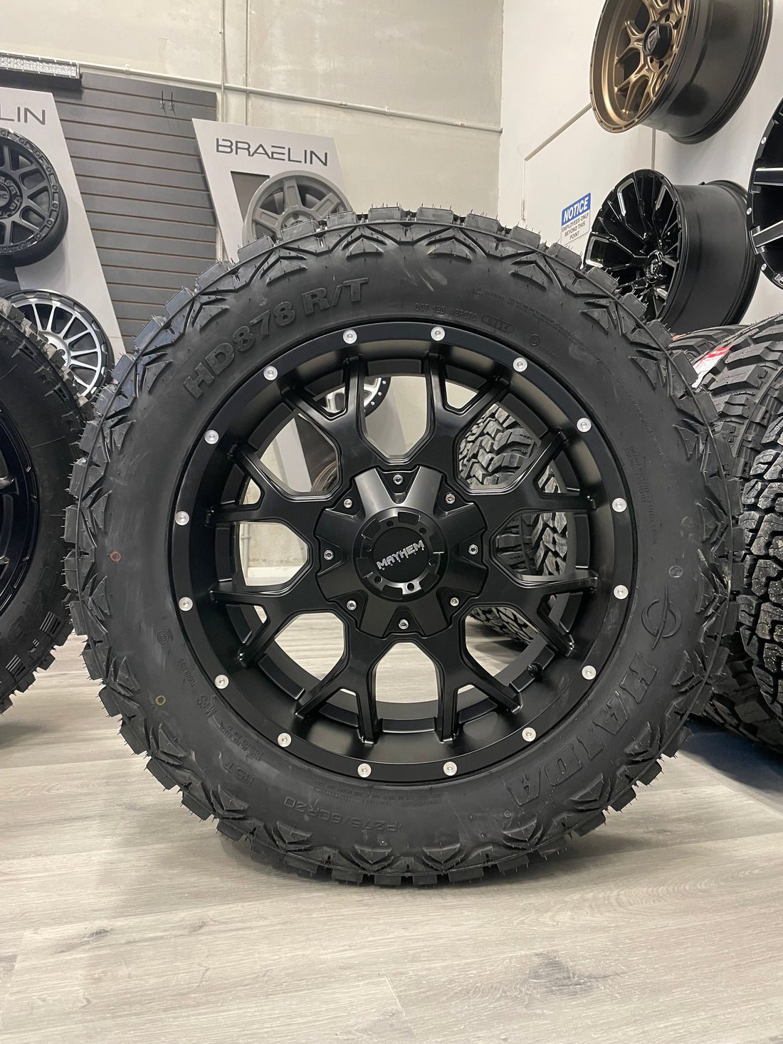 (SET OF FOUR) Mayhem Warrior 20x9 6x135/6x139.7 +18 106mm Matte BLK 275/60R20 Haida 878 R/T Tires