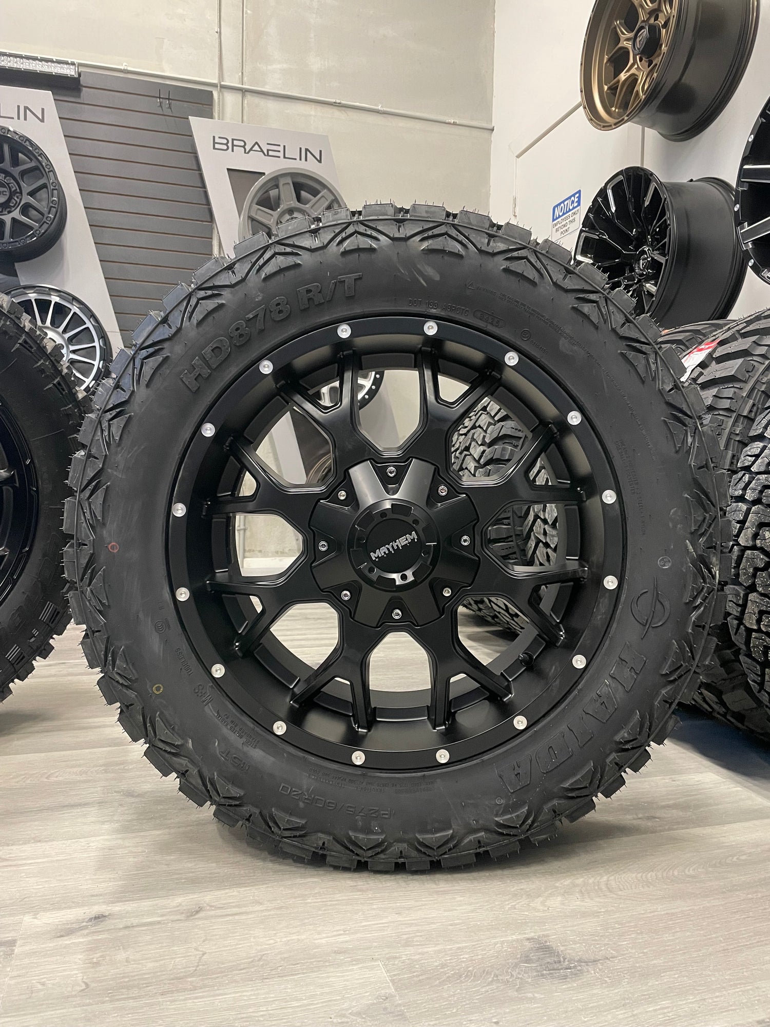 (SET OF FOUR) Mayhem Warrior 20x9 6x135/6x139.7 +18 106mm Matte BLK 275/60R20 Haida 878 R/T Tires