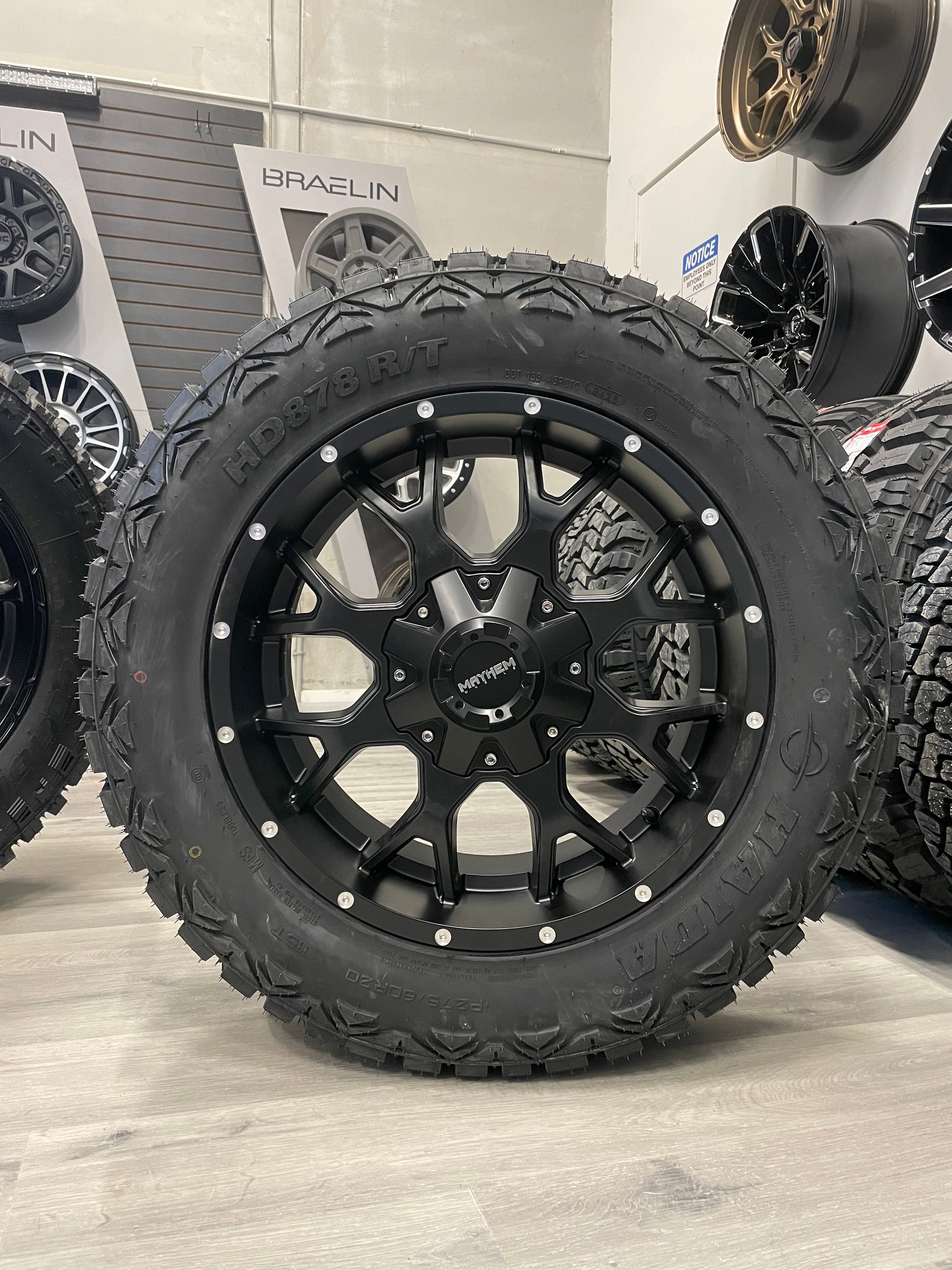 (SET OF FOUR) Mayhem Warrior 20x9 6x135/6x139.7 +18 106mm Matte BLK 275/60R20 Haida 878 R/T Tires