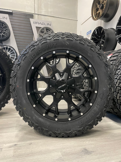 (SET OF FOUR) Mayhem Warrior 20x9 6x135/6x139.7 +18 106mm Matte BLK 275/60R20 Haida 878 R/T Tires