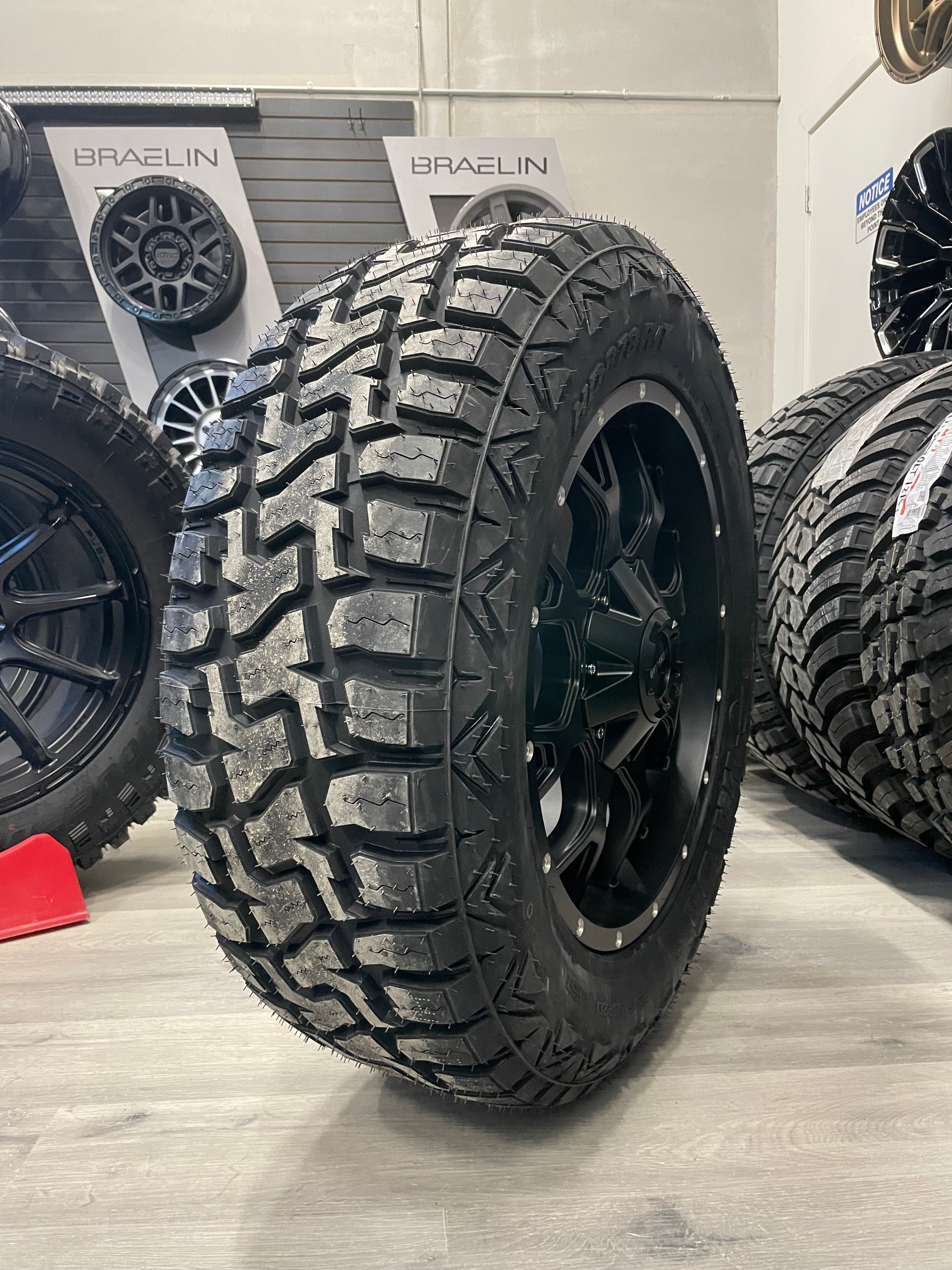 (SET OF FOUR) Mayhem Warrior 20x9 6x135/6x139.7 +18 106mm Matte BLK 275/60R20 Haida 878 R/T Tires
